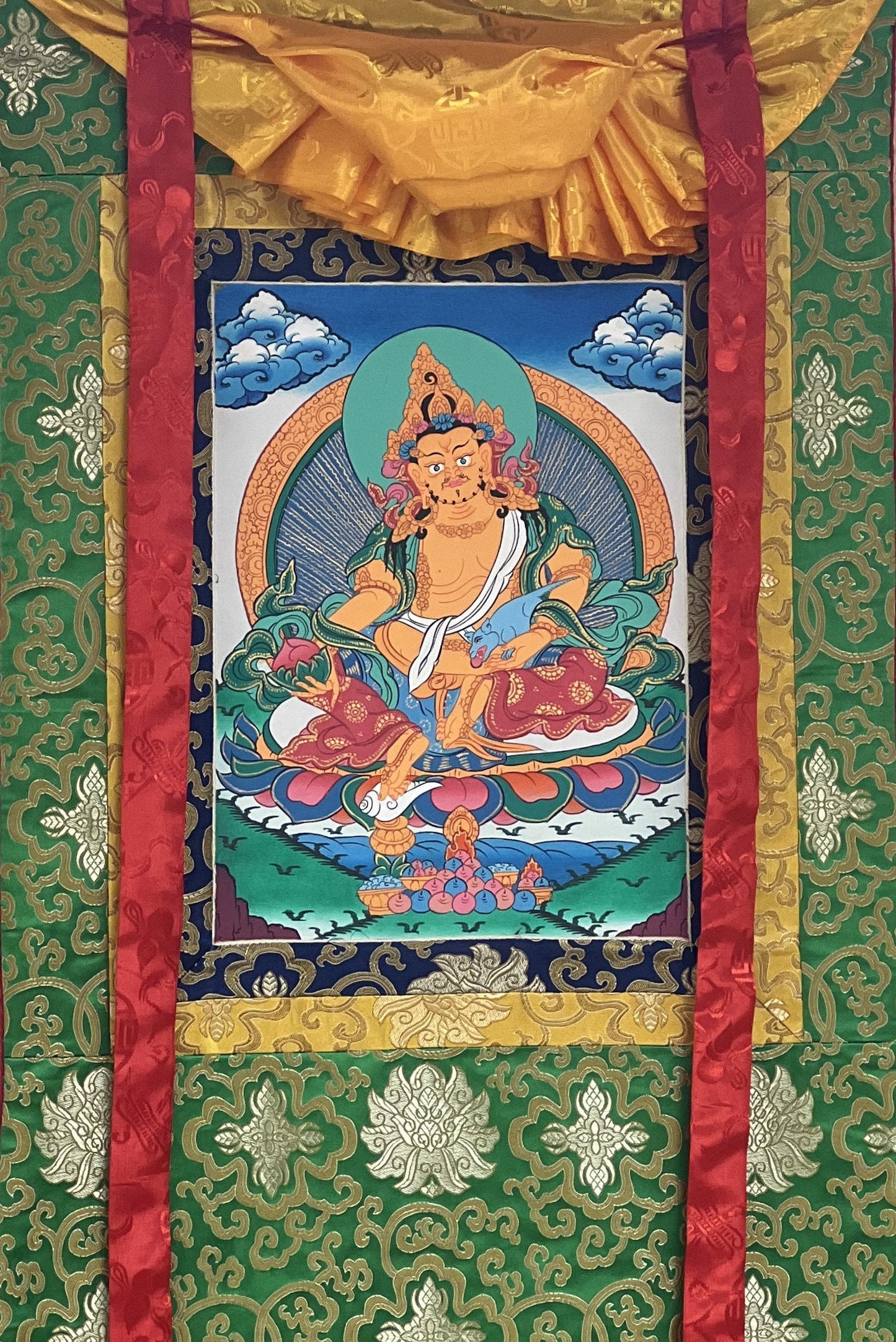 Yellow Jambhala/ Zambala/Kuber God of Wealth Tibetan Thangka Painting/ Original Buddhist Meditation Art  with Silk Border