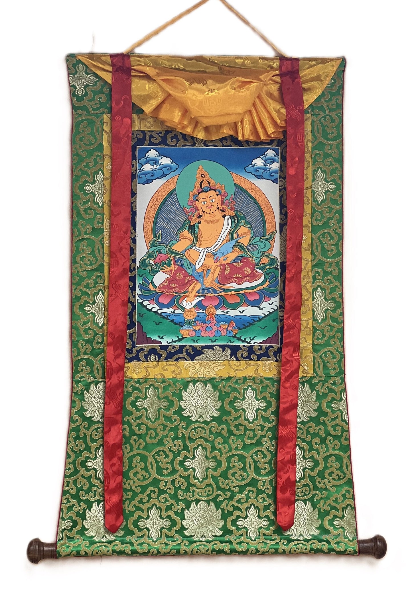 Yellow Jambhala/ Zambala/Kuber God of Wealth Tibetan Thangka Painting/ Original Buddhist Meditation Art  with Silk Border