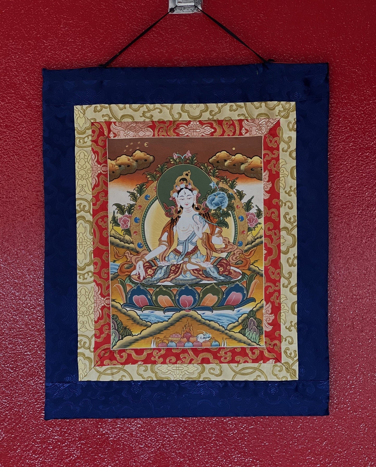 White Tara Sitatara Goddess of Compassion Master Quality Tibetan Thangka Painting, Original Art with Narrow Brocade