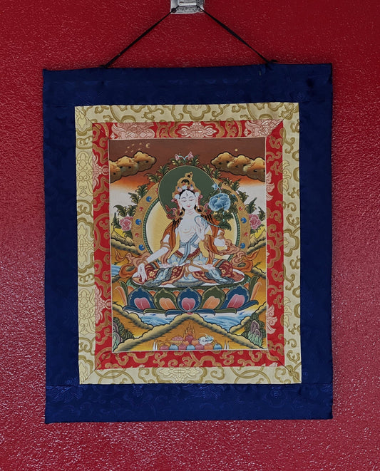 White Tara Sitatara Goddess of Compassion Master Quality Tibetan Thangka Painting, Original Art with Narrow Brocade