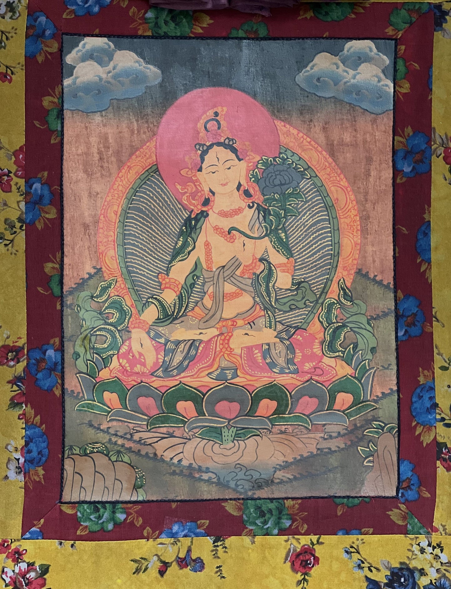 White Tara/ Sitatara/ Mother Goddess Old Oil Varnished Tibetan Thangka Painting/ Original Art with Cotton Brocade