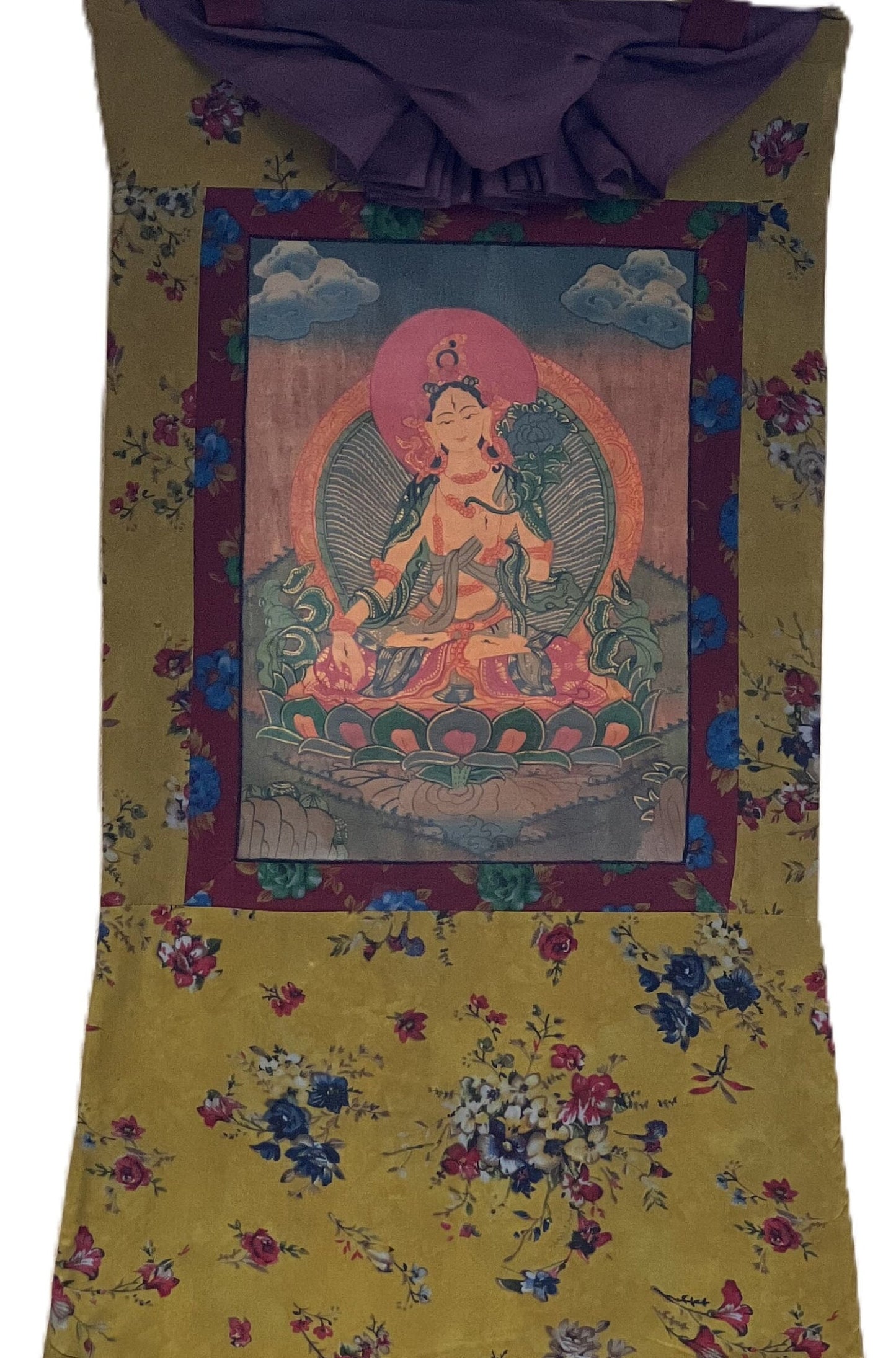 White Tara/ Sitatara/ Mother Goddess Old Oil Varnished Tibetan Thangka Painting/ Original Art with Cotton Brocade