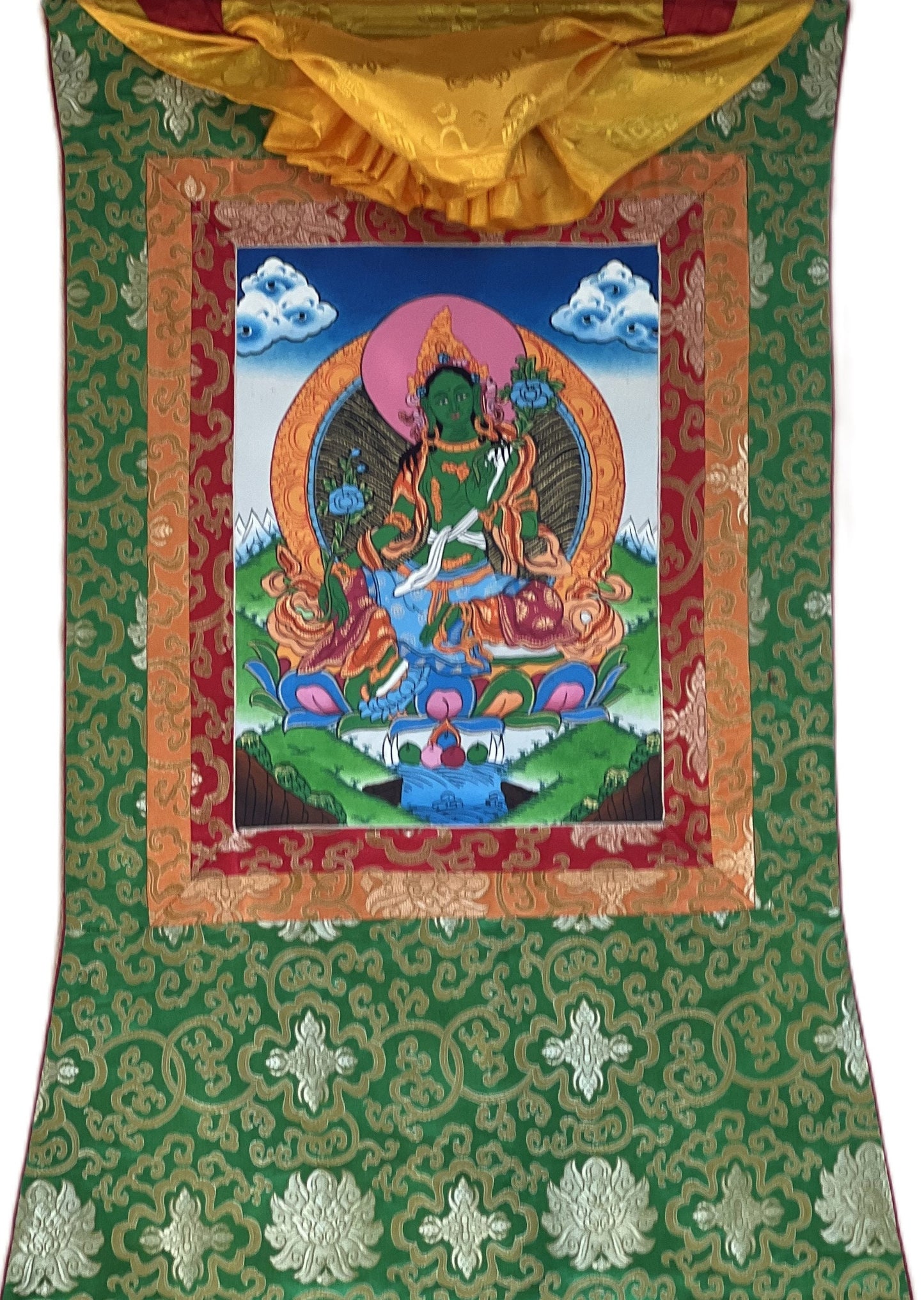 Green Tara/ Shyamatara/ Devine Mother Tibetan Thangka Painting, Original Art, with Green Silk Brocade