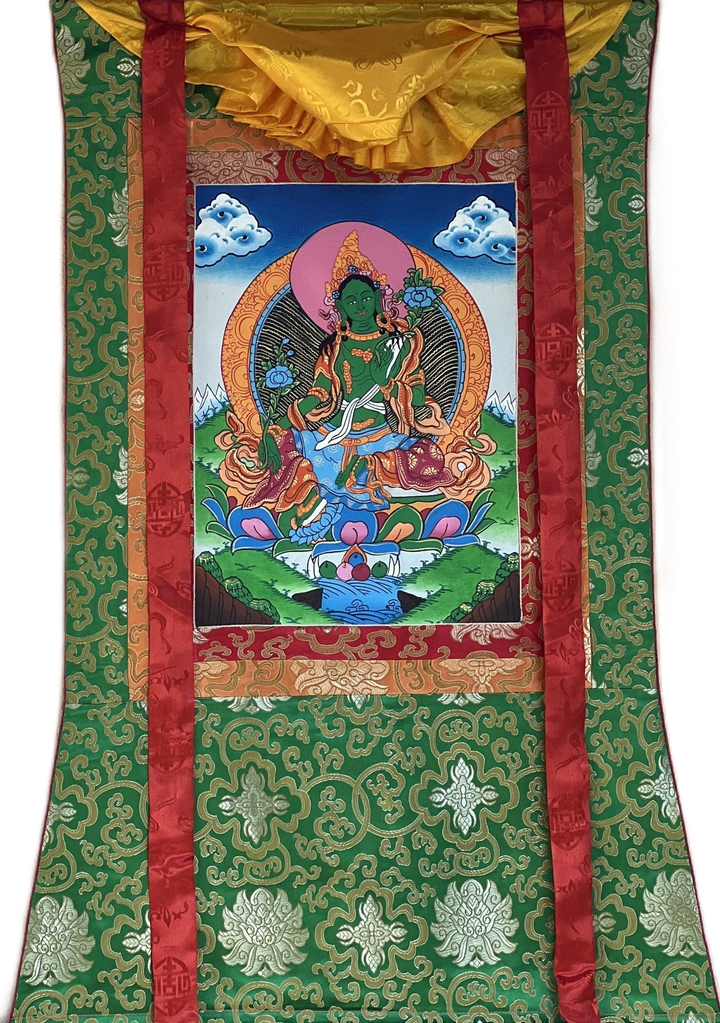 Green Tara/ Shyamatara/ Devine Mother Tibetan Thangka Painting, Original Art, with Green Silk Brocade