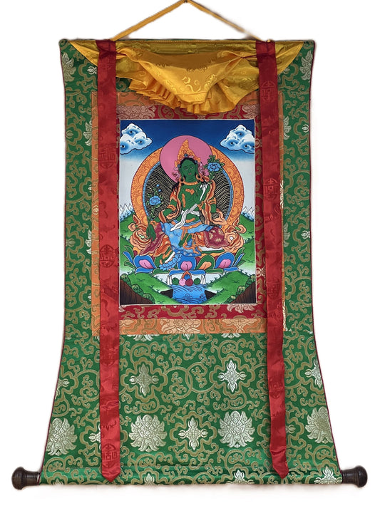 Green Tara/ Shyamatara/ Devine Mother Tibetan Thangka Painting, Original Art, with Green Silk Brocade