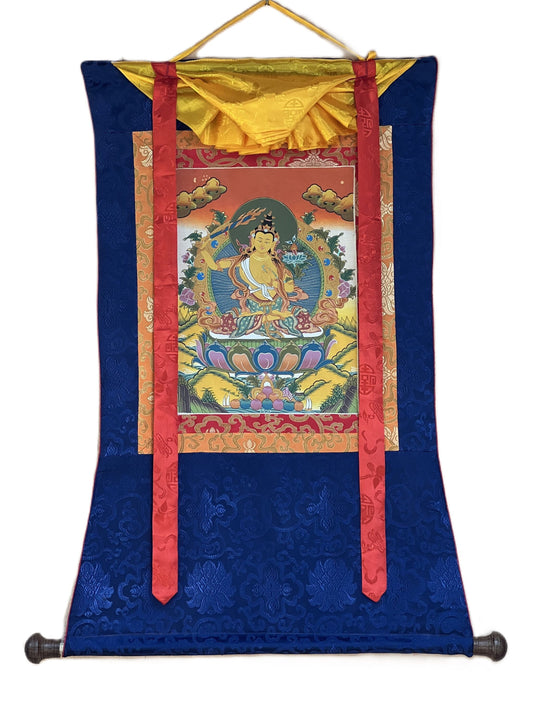 Manjushri/ Manjusri/ Manjushree/ Bodhisattva of Compassion Original Hand-painted Tibetan Thangka Painting/ Meditation Art With Silk Border