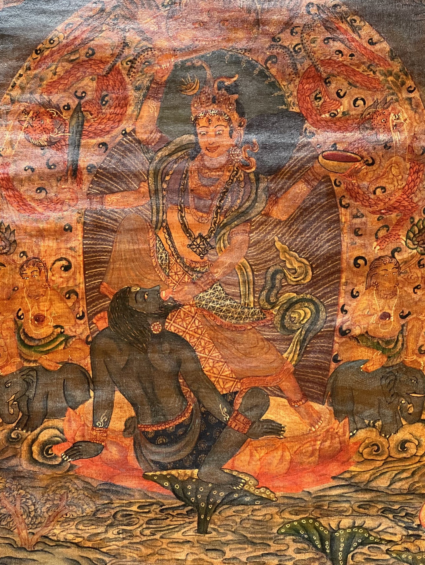 Goddess Durga/Jagdamba/ Navadurga Old Oil Varnished  Newari Paubha Thangka Painting Hindu Art  with Cotton Brocade