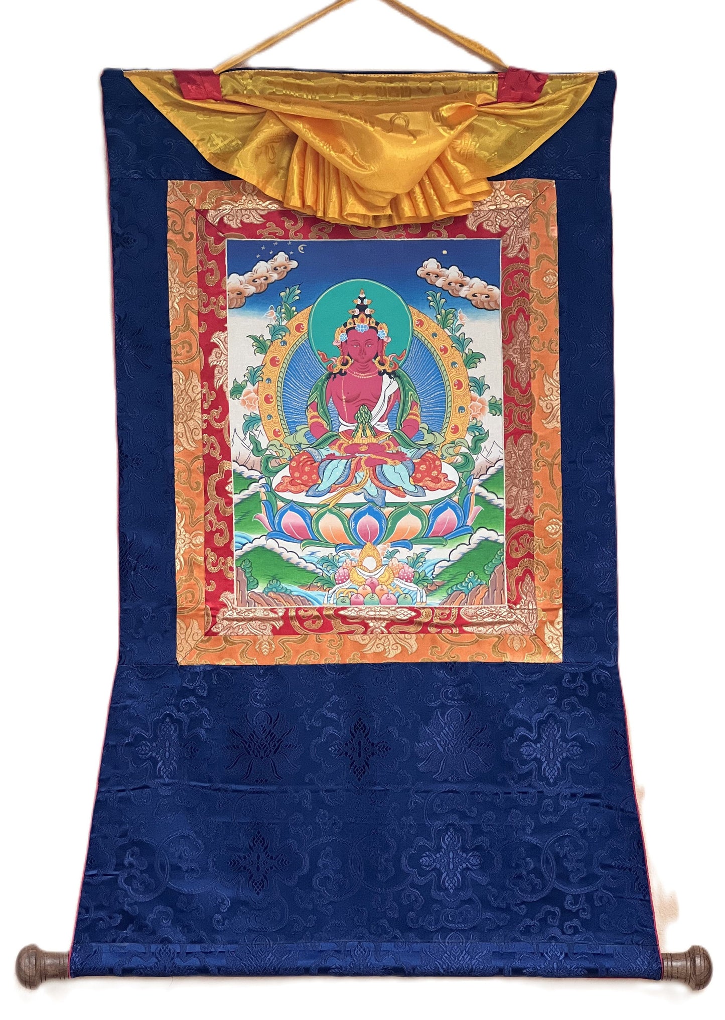 Original Hand Painted Amitayus/Aparamita Pure Land Sukhavati Buddha of Eternal Life Masterpiece Tibetan Thangka Painting with Silk Brocade