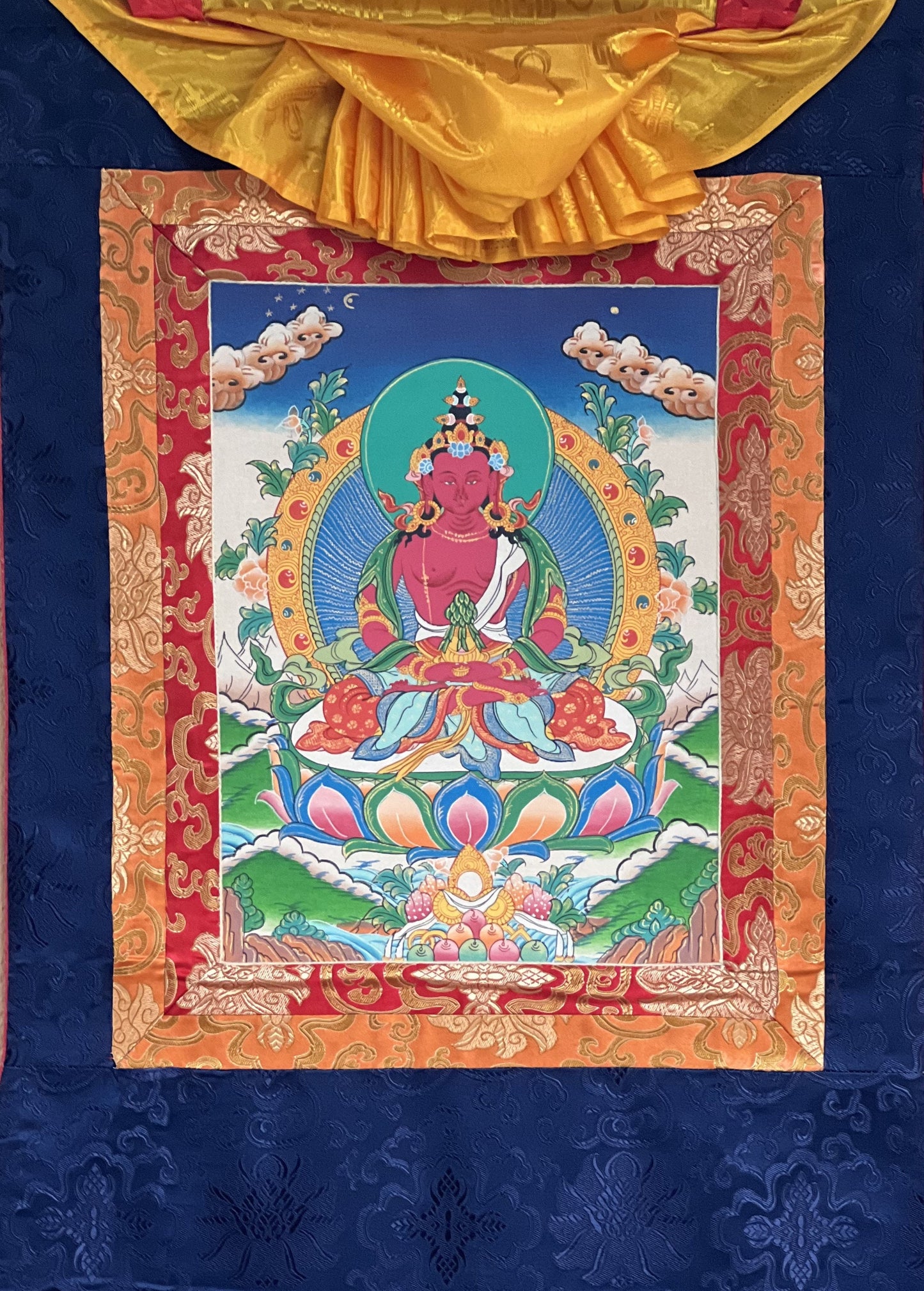 Original Hand Painted Amitayus/Aparamita Pure Land Sukhavati Buddha of Eternal Life Masterpiece Tibetan Thangka Painting with Silk Brocade