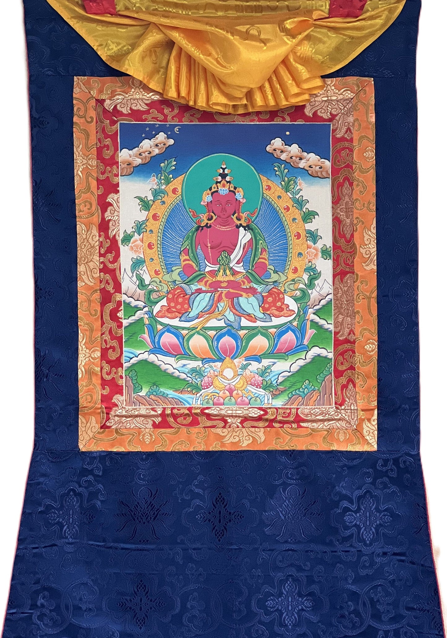 Original Hand Painted Amitayus/Aparamita Pure Land Sukhavati Buddha of Eternal Life Masterpiece Tibetan Thangka Painting with Silk Brocade