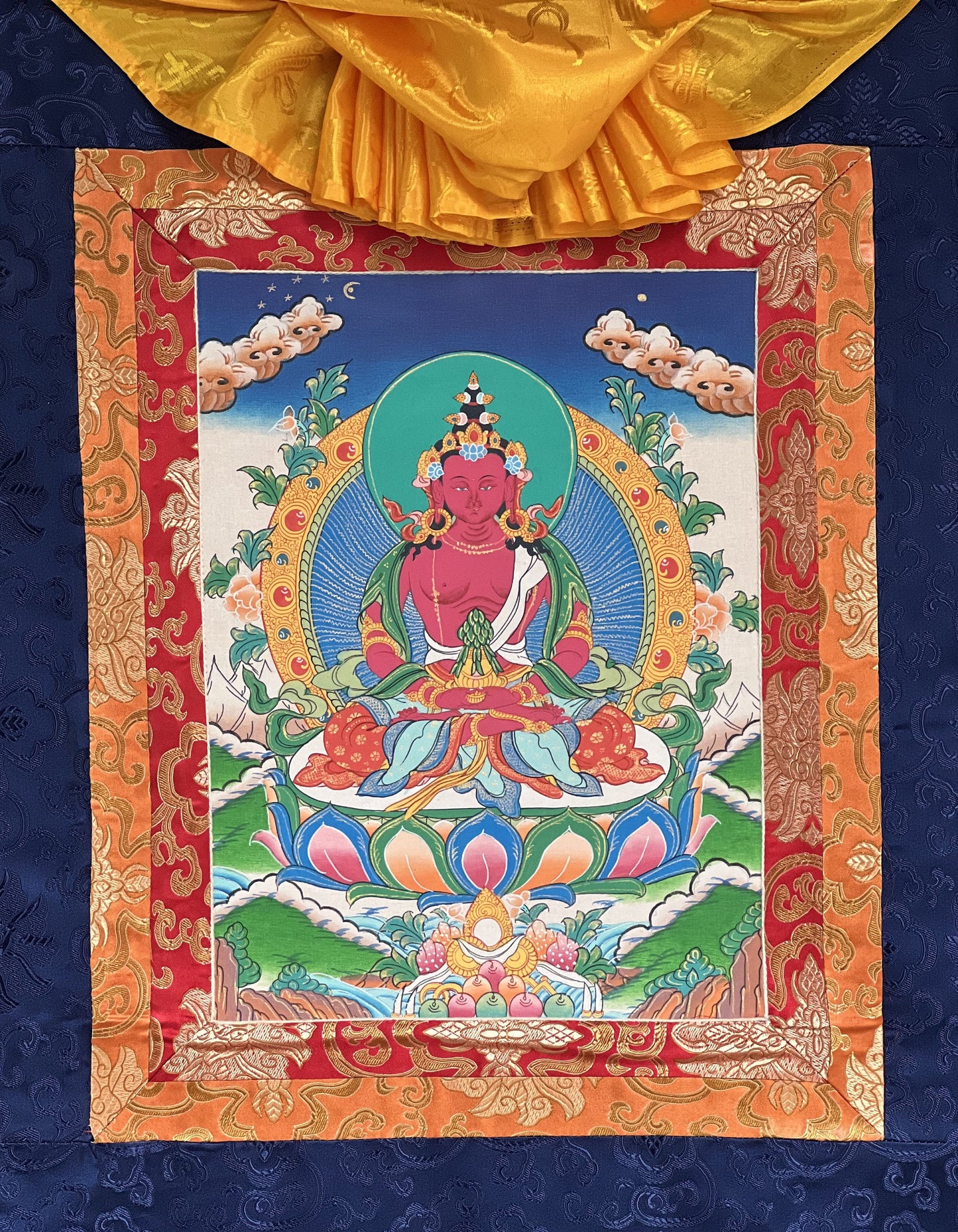 Original Hand Painted Amitayus/Aparamita Pure Land Sukhavati Buddha of Eternal Life Masterpiece Tibetan Thangka Painting with Silk Brocade