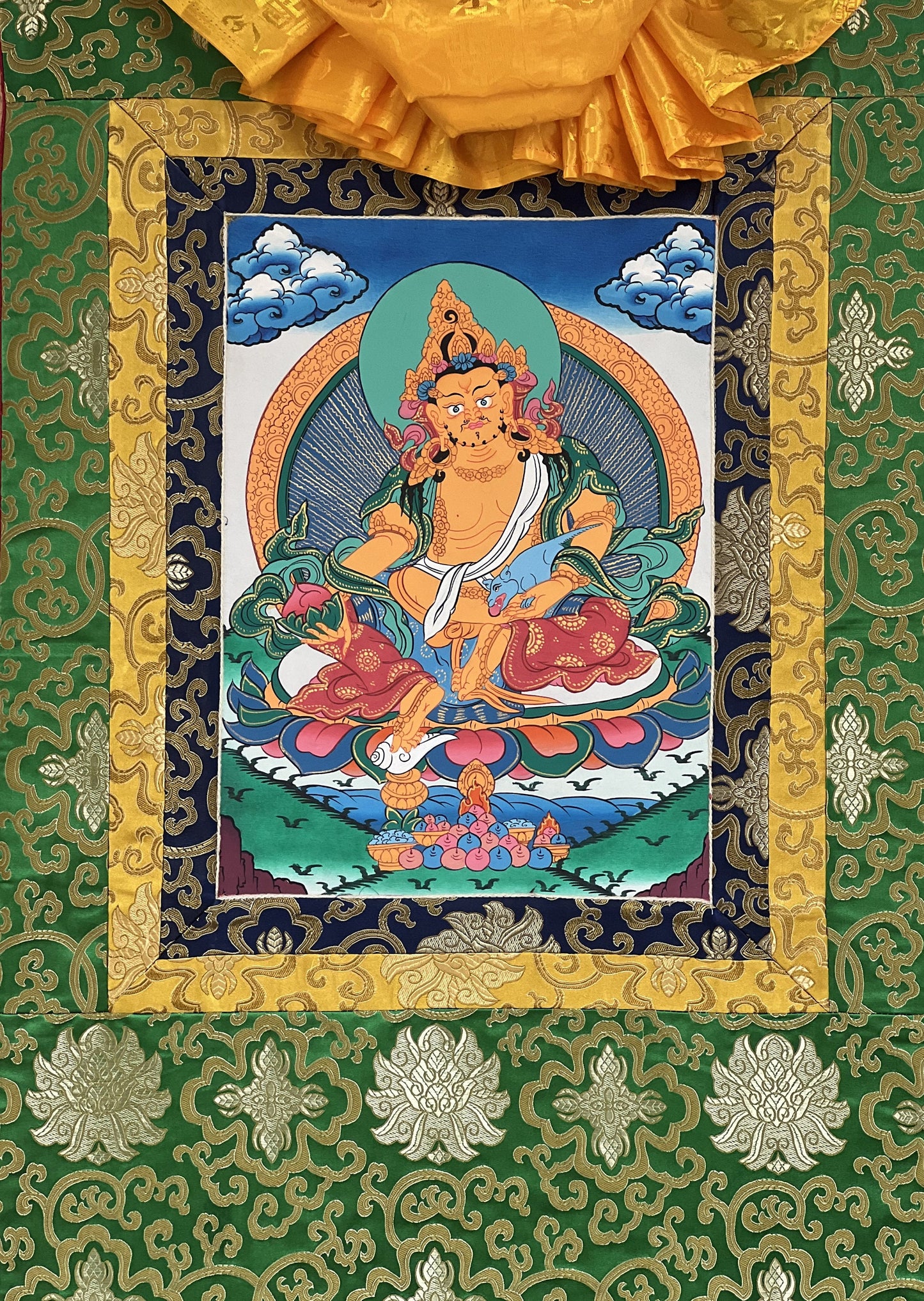 Yellow Jambhala/ Zambala/Kuber God of Wealth Tibetan Thangka Painting/ Original Buddhist Meditation Art  with Silk Border