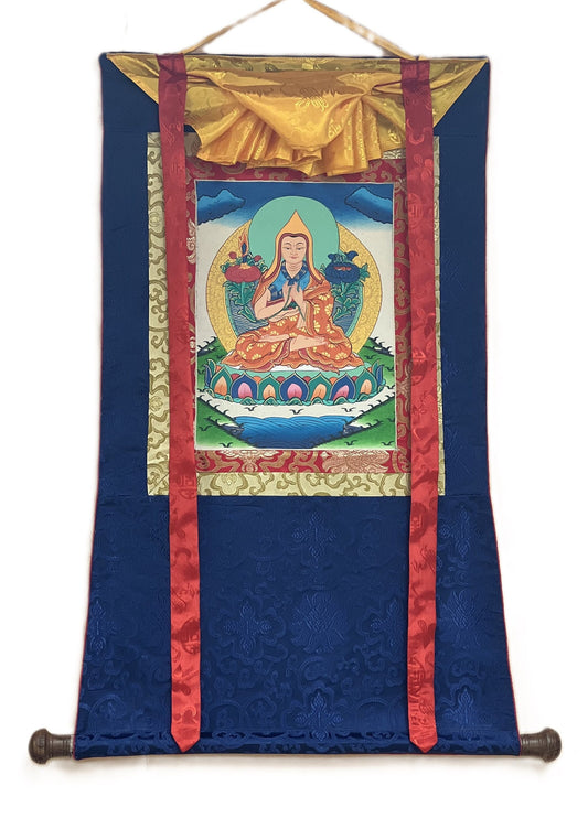 Chongapa/ Je Tsongkhapa Renowned Tibetan  Master / Disciple Thangka Painting Original Art  with Silk Brocade