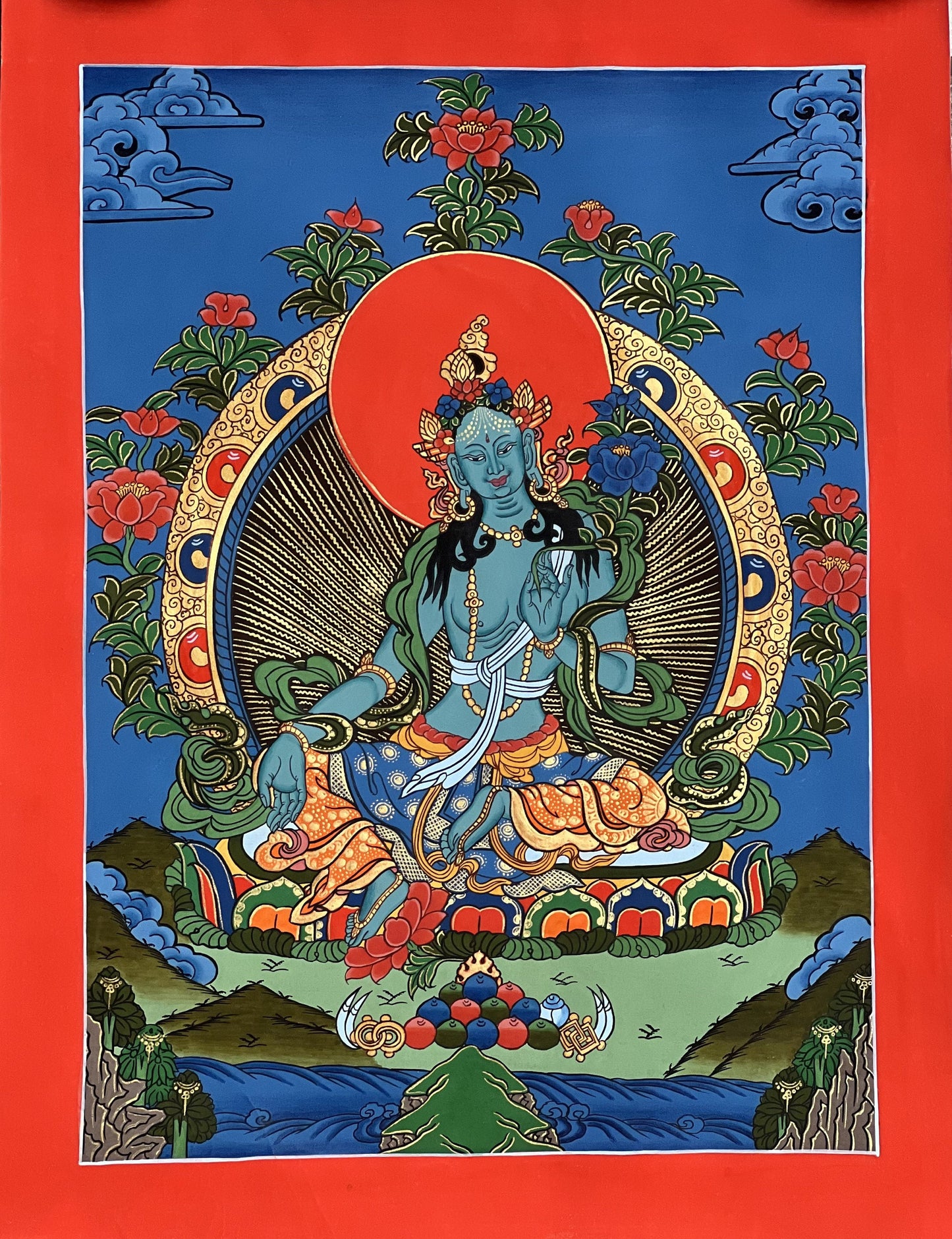 Blue Tara Mother Goddess of Protection  Hand Painted Tibetan Thangka Painting Original Buddhist Meditation Art