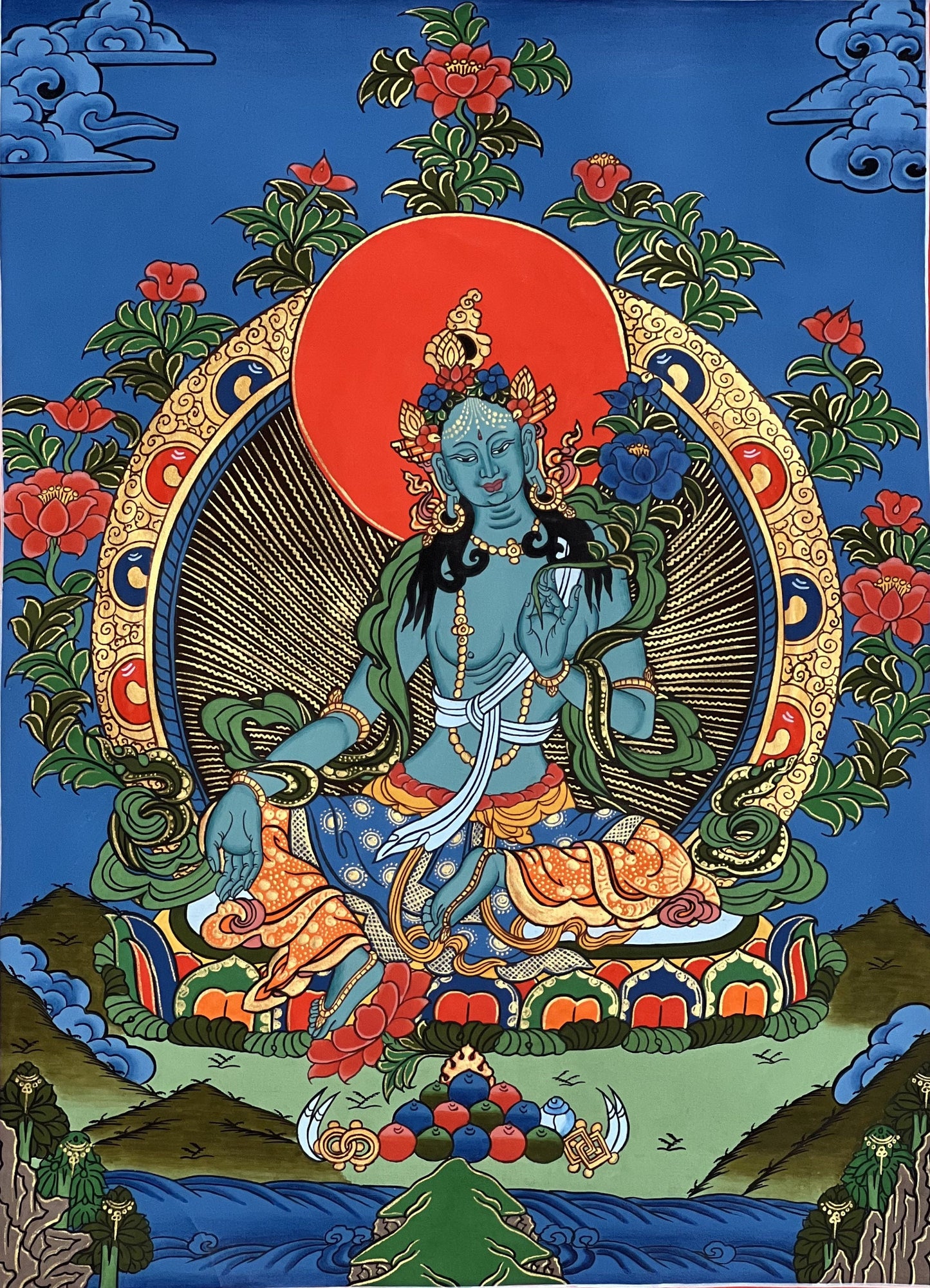 Blue Tara Mother Goddess of Protection  Hand Painted Tibetan Thangka Painting Original Buddhist Meditation Art