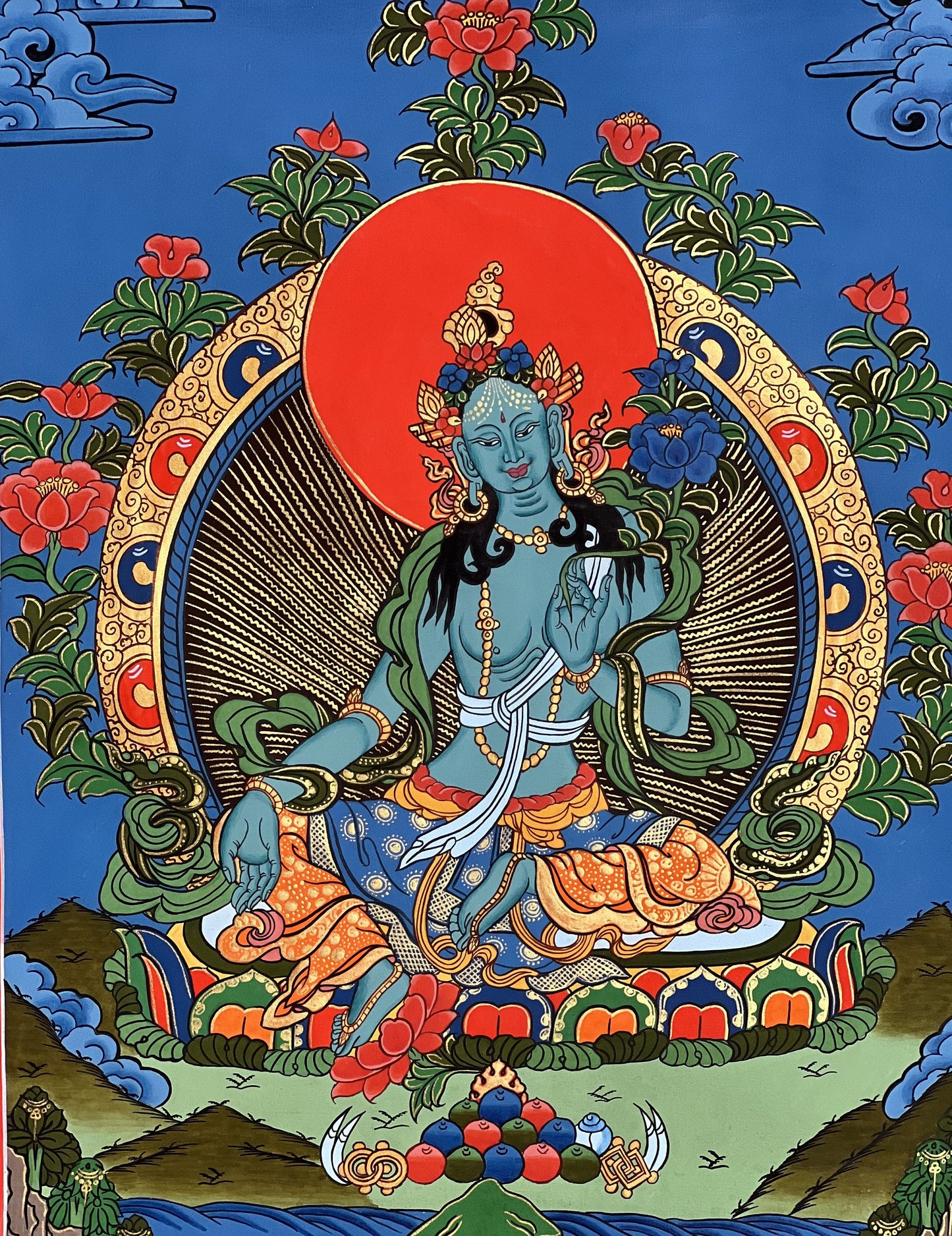 Blue Tara Mother Goddess of Protection  Hand Painted Tibetan Thangka Painting Original Buddhist Meditation Art