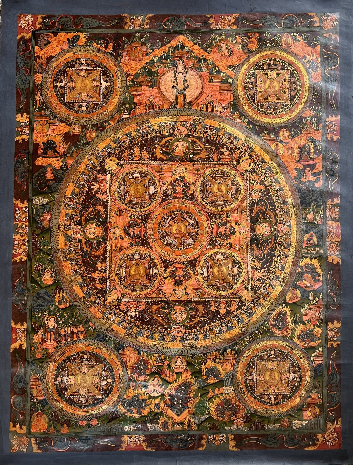 Avalokiteshvara Big Circle  Buddha Mandala  Old Oil-Varnished Original Hand Painted Large Tibetan Thangka Painting/Meditation Art