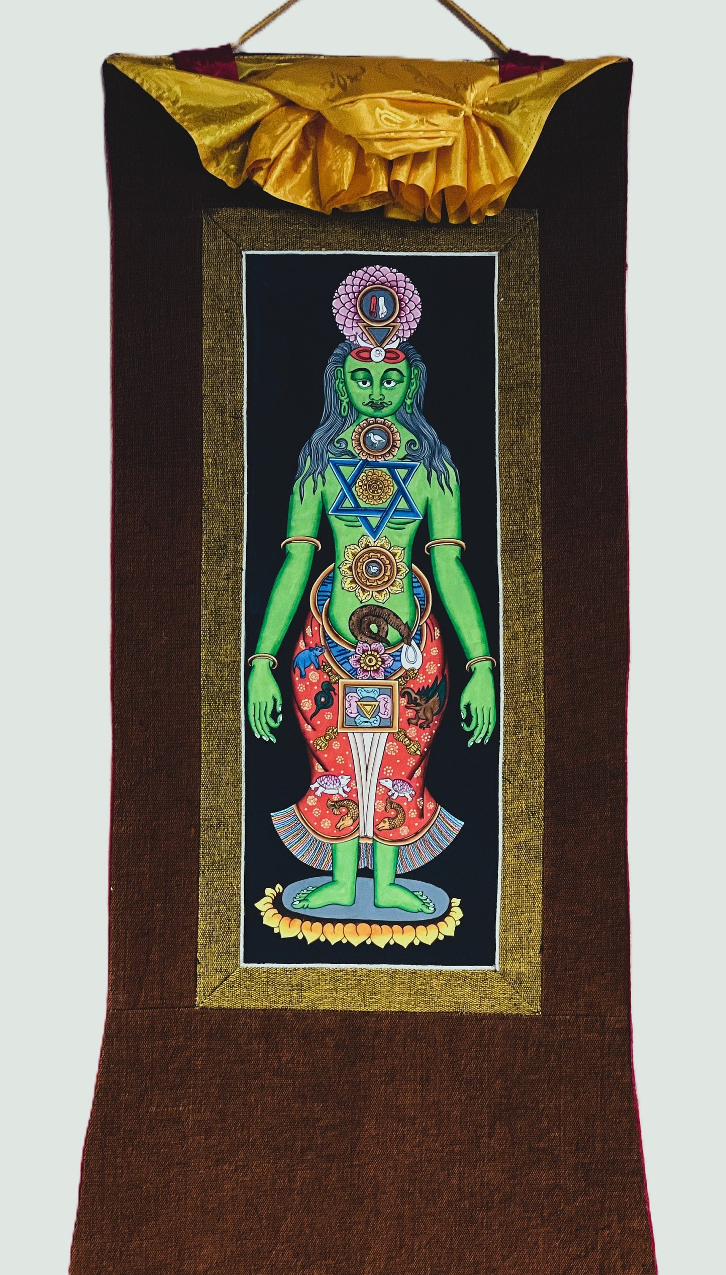 7 Chakra/ Kundalini Energy/ Kundalini Yoga/ Yogic Chakra Tibetan Thangka Painting Original Art with Cotton Brocade