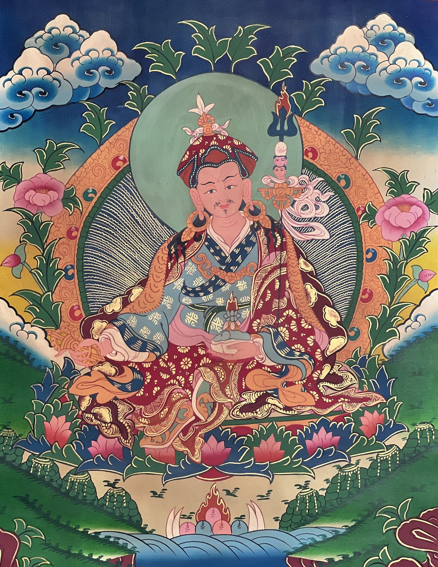 Guru Padmasambhava/ Guru Rinpoche Smoky Tibetan Thangka Painting/ Original Hand Painting/ Buddhist Meditation Art