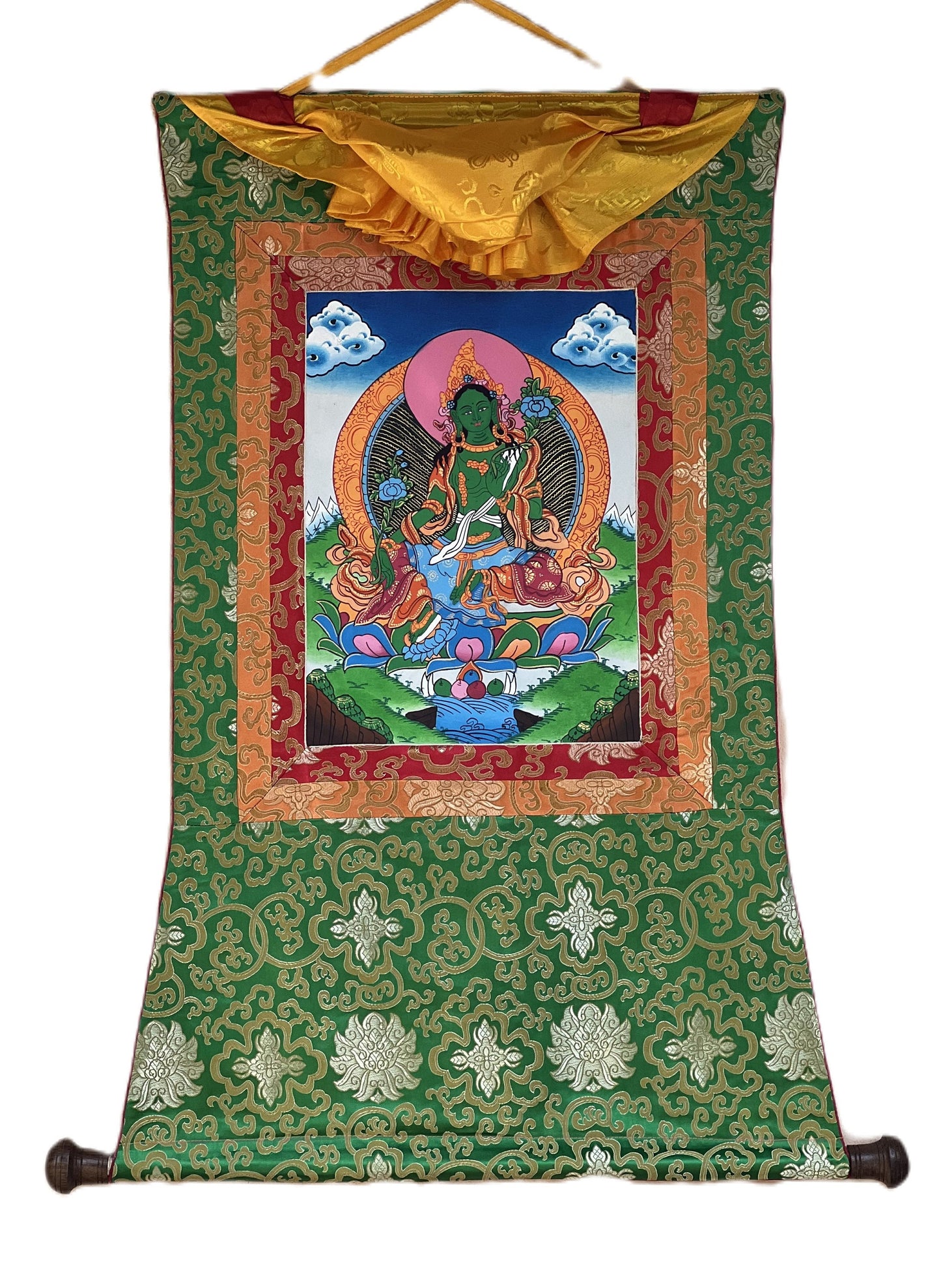 Green Tara/ Shyamatara/ Devine Mother Tibetan Thangka Painting, Original Art, with Green Silk Brocade