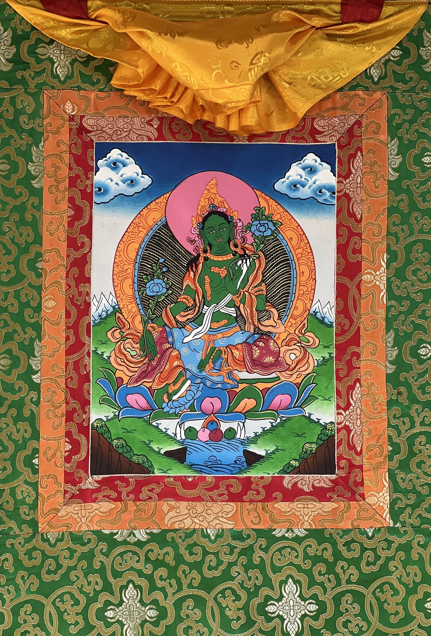 Green Tara/ Shyamatara/ Devine Mother Tibetan Thangka Painting, Original Art, with Green Silk Brocade