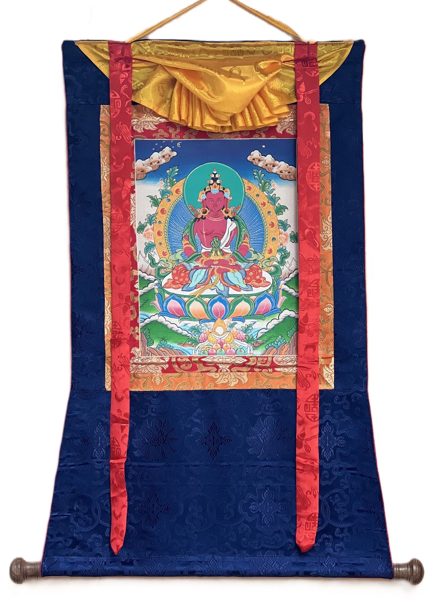 Original Hand Painted Amitayus/Aparamita Pure Land Sukhavati Buddha of Eternal Life Masterpiece Tibetan Thangka Painting with Silk Brocade