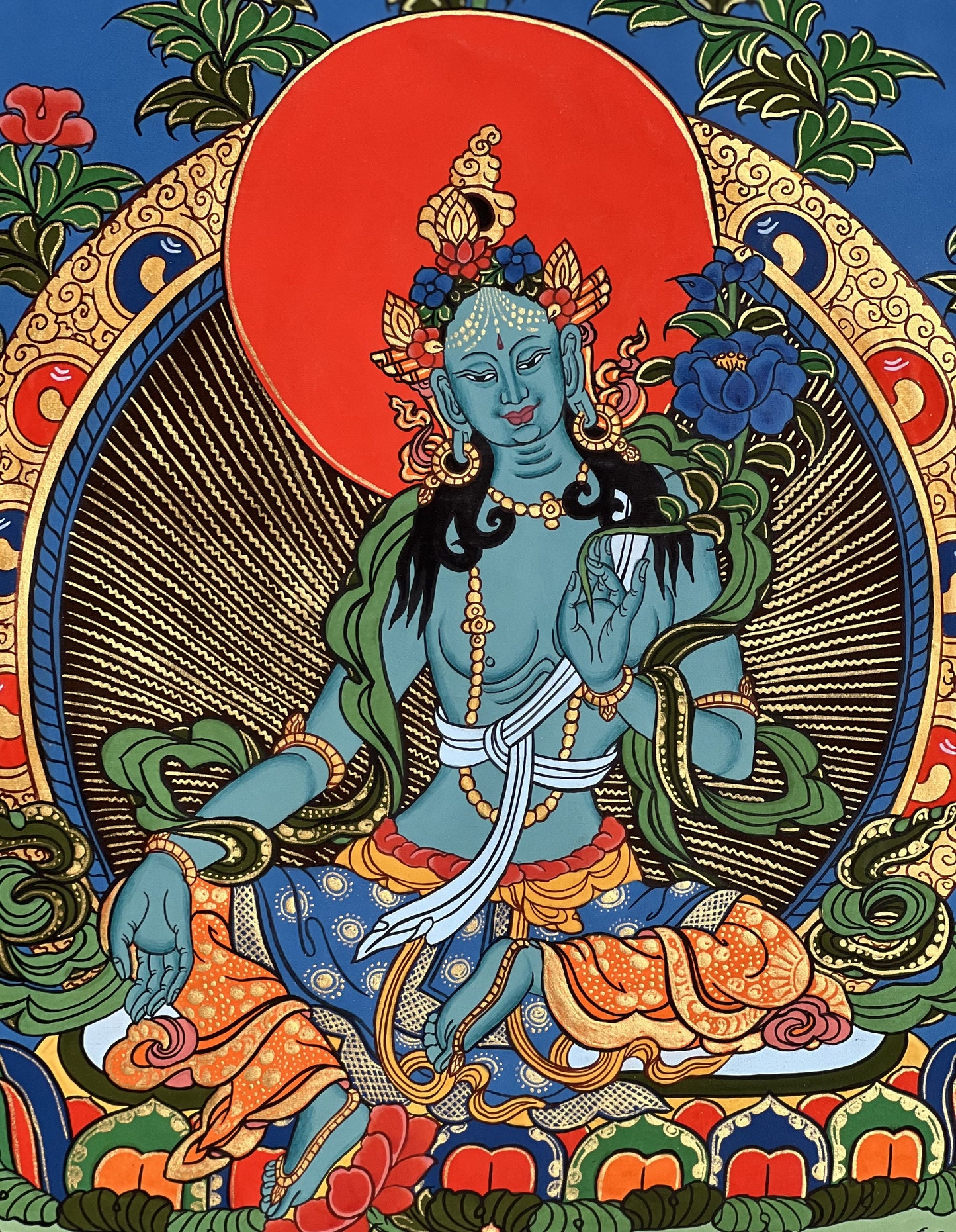 Blue Tara Mother Goddess of Protection  Hand Painted Tibetan Thangka Painting Original Buddhist Meditation Art