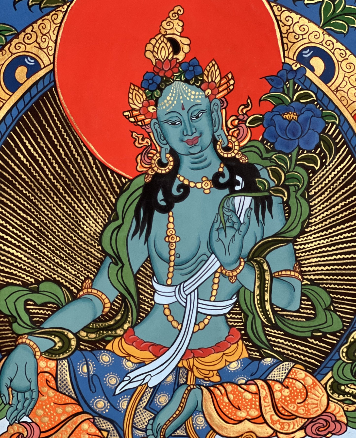 Blue Tara Mother Goddess of Protection  Hand Painted Tibetan Thangka Painting Original Buddhist Meditation Art