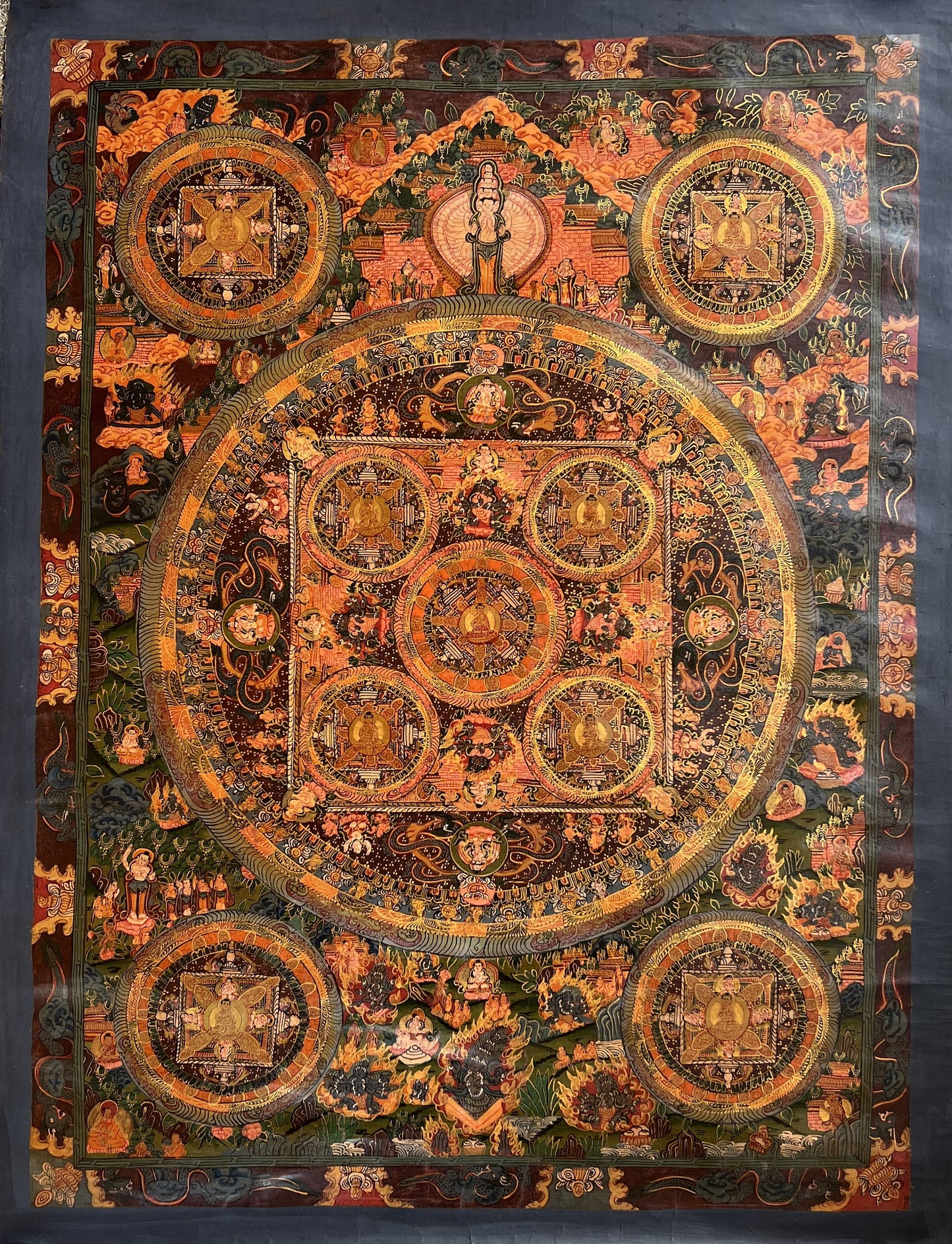 Avalokiteshvara Big Circle  Buddha Mandala  Old Oil-Varnished Original Hand Painted Large Tibetan Thangka Painting/Meditation Art