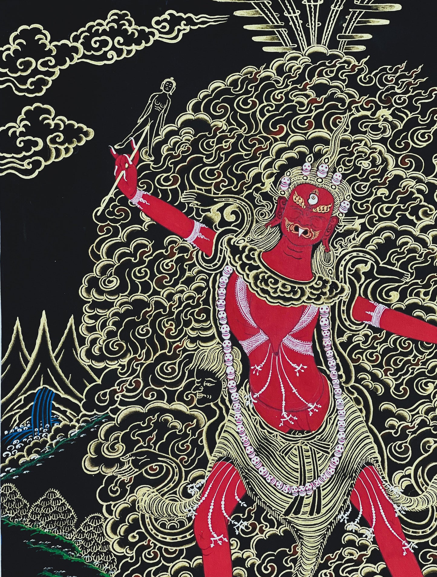 Ekajati/Ekajata/Ugra Tara/ Vajra Tara/ Blue Tara/  High-Quality Masterpiece Black and Gold Tibetan Thangka Painting Original  Tantra Art