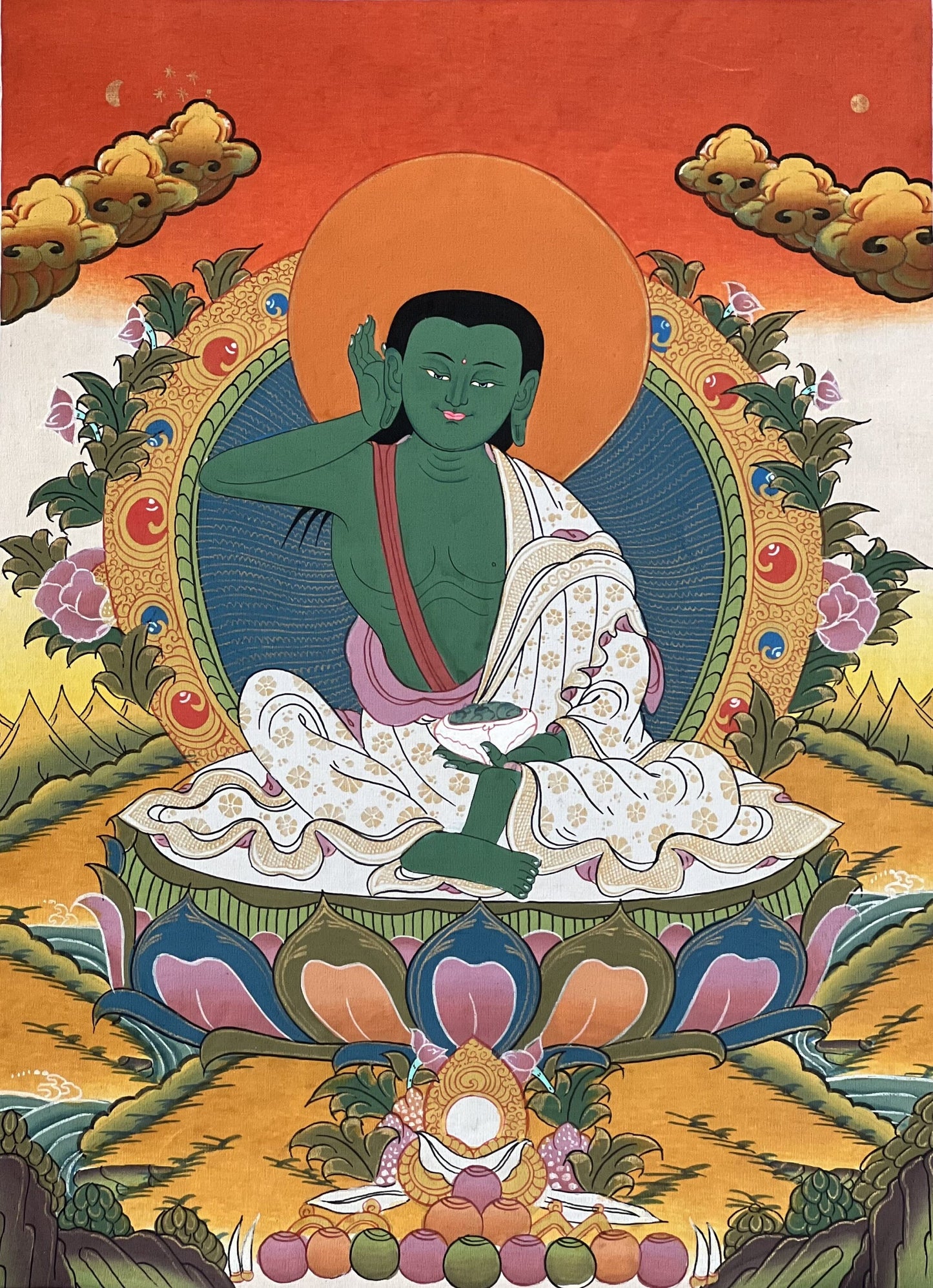 Milarepa/Jetsun Milarepa Tibetan Yogi Siddha Poet Master Quality Tibetan Thangka Painting, Original Art with Premium Silk Brocade