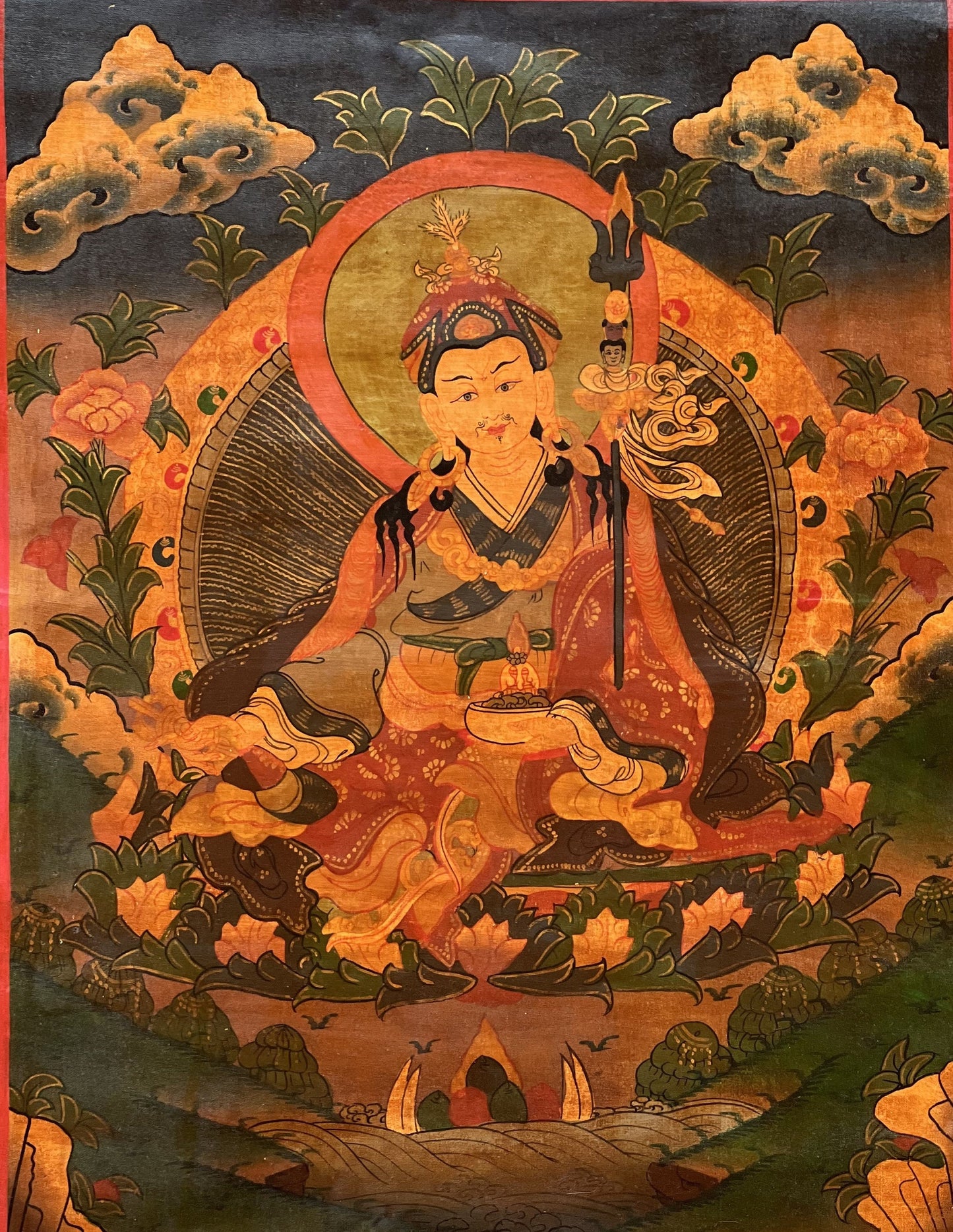 Guru Padmasambhava/ Guru Rinpoche Old Oil- Varnished Tibetan Thangka Painting, Original Hand Painting Buddhist Meditation Art