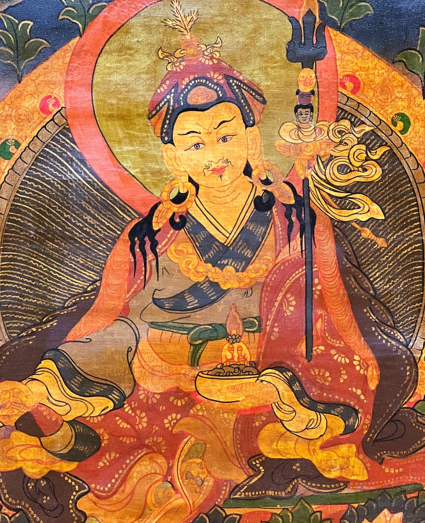 Guru Padmasambhava/ Guru Rinpoche Old Oil- Varnished Tibetan Thangka Painting, Original Hand Painting Buddhist Meditation Art