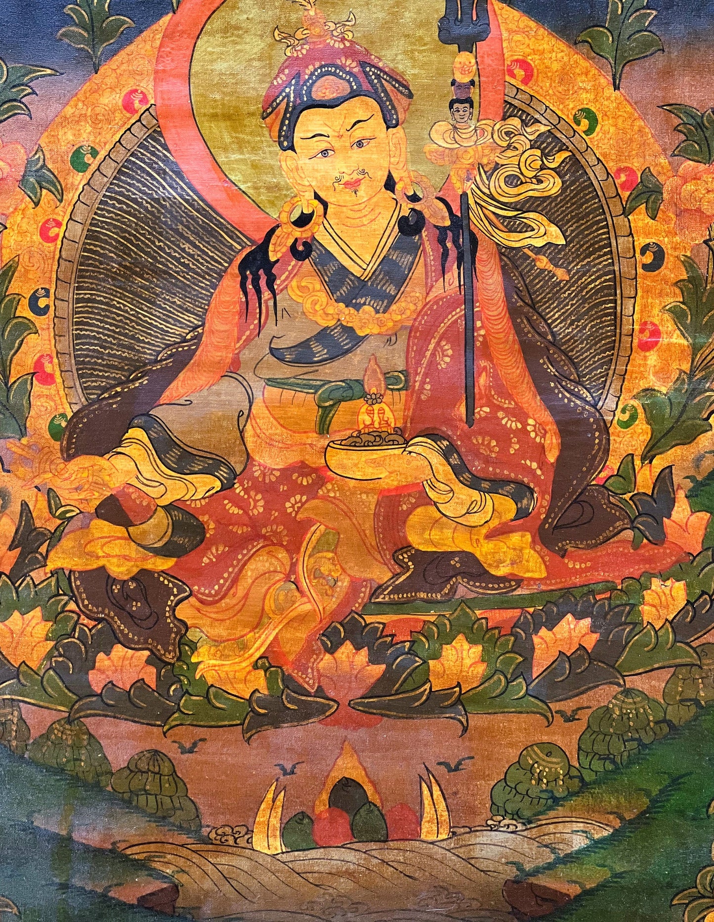 Guru Padmasambhava/ Guru Rinpoche Old Oil- Varnished Tibetan Thangka Painting, Original Hand Painting Buddhist Meditation Art