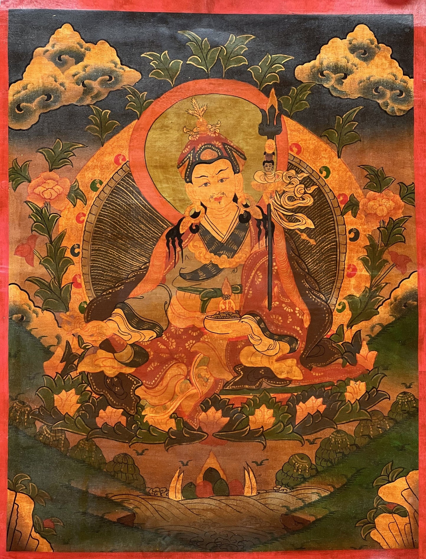 Guru Padmasambhava/ Guru Rinpoche Old Oil- Varnished Tibetan Thangka Painting, Original Hand Painting Buddhist Meditation Art