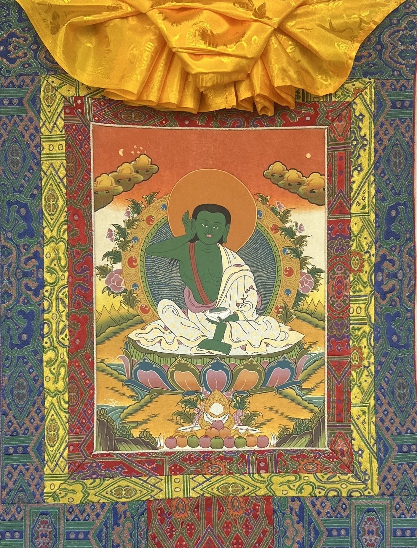 Milarepa/Jetsun Milarepa Tibetan Yogi Siddha Poet Master Quality Tibetan Thangka Painting, Original Art with Premium Silk Brocade