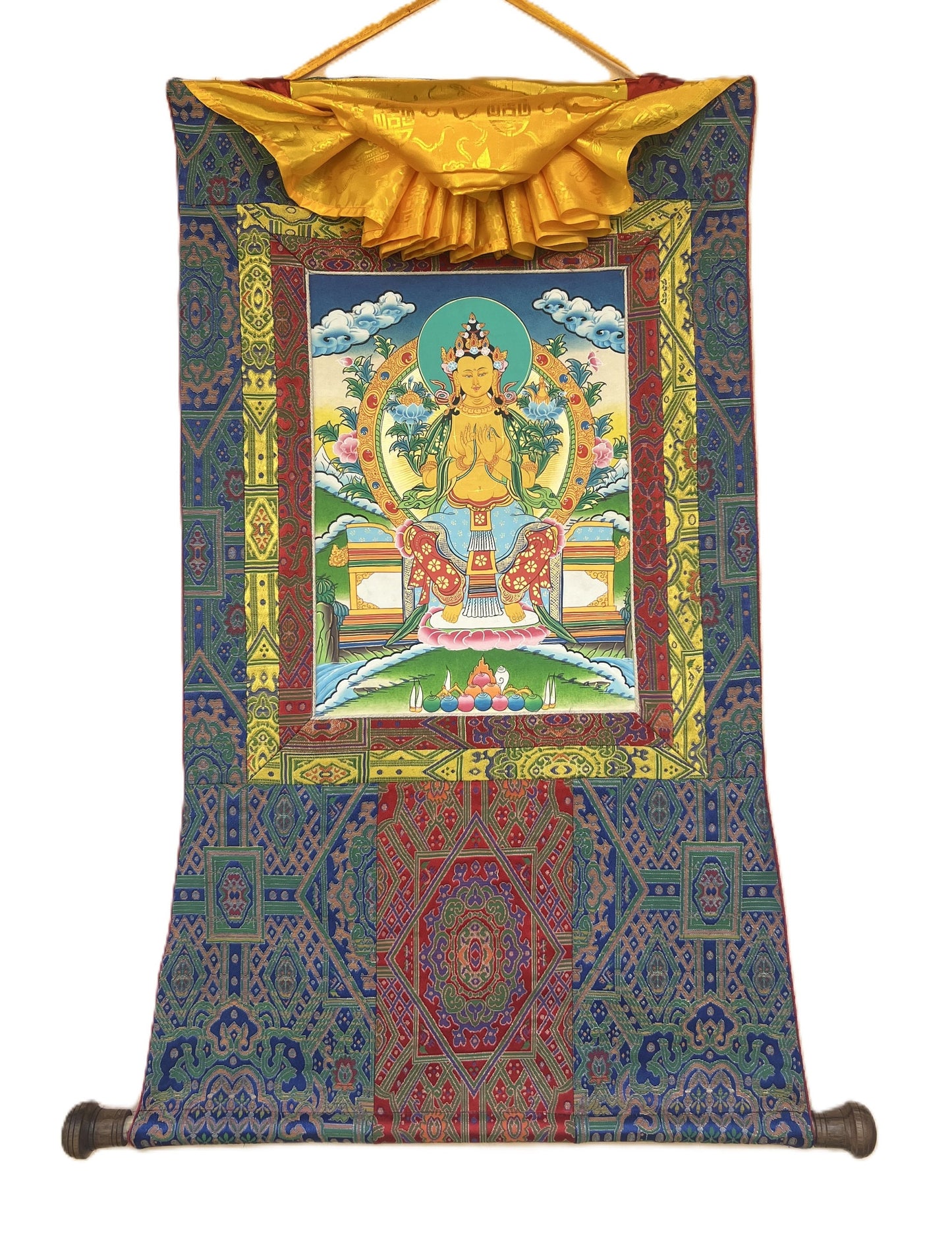 Maitreya Buddha/ Future Buddha Tibetan Thangka Painting Original Hand-Painted Art Bordered with Silk