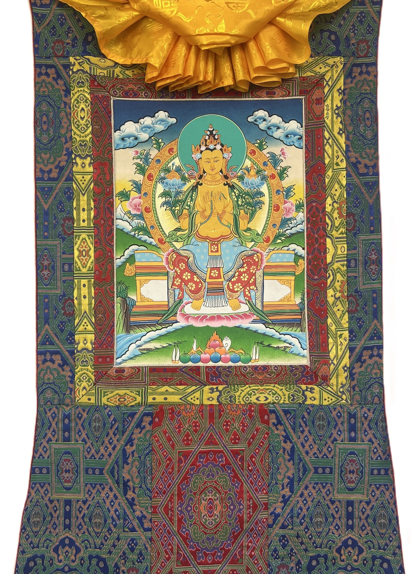 Maitreya Buddha/ Future Buddha Tibetan Thangka Painting Original Hand-Painted Art Bordered with Silk