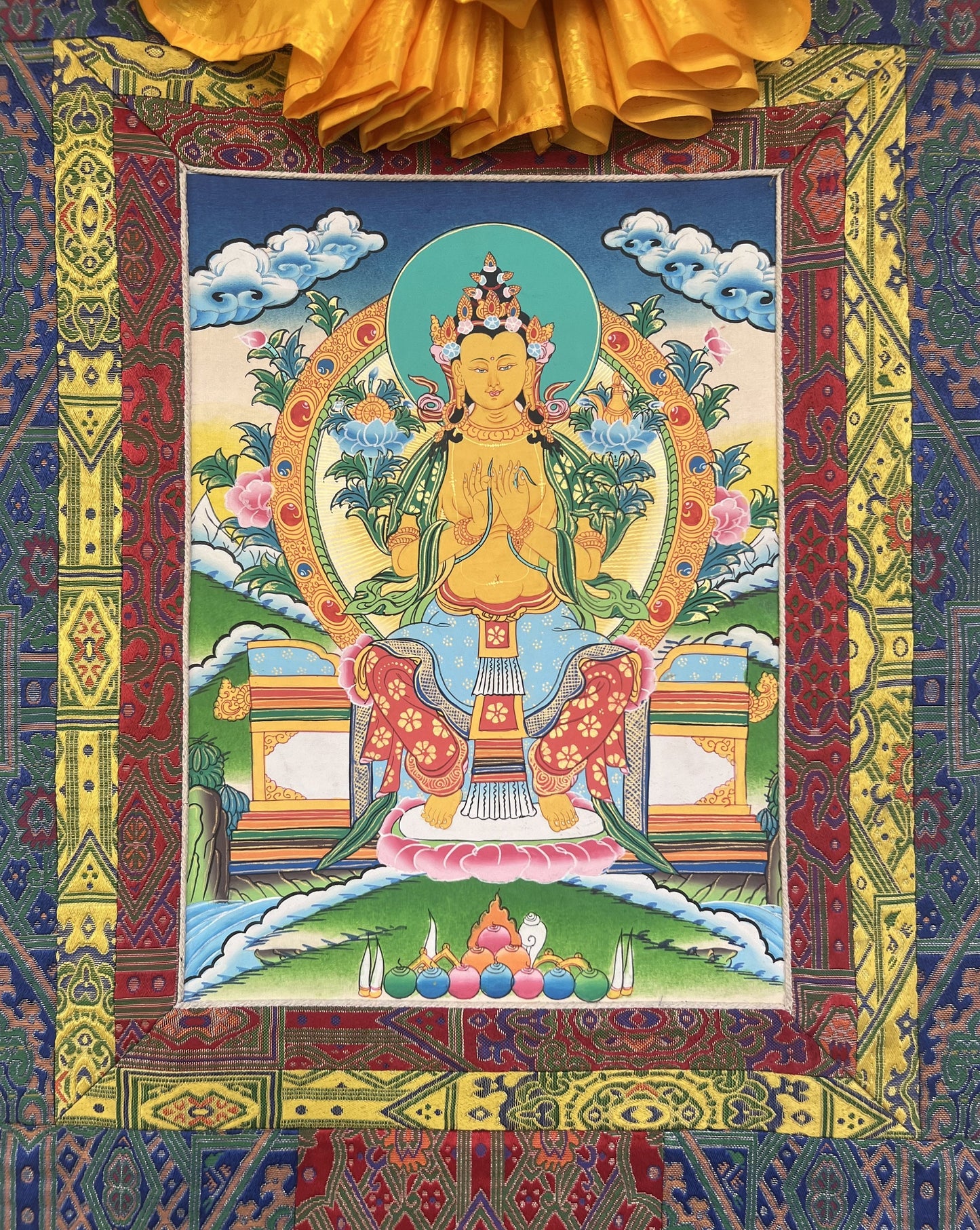 Maitreya Buddha/ Future Buddha Tibetan Thangka Painting Original Hand-Painted Art Bordered with Silk