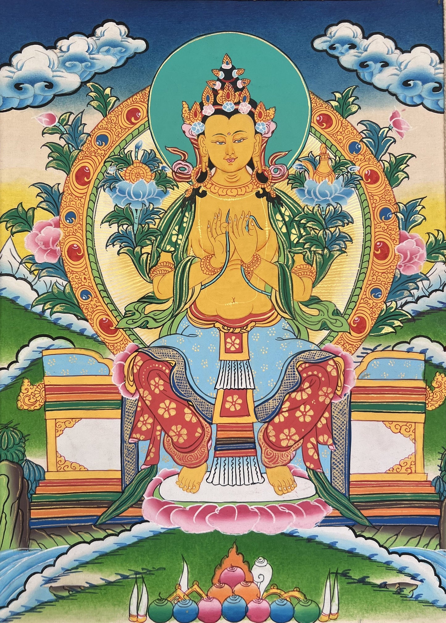 Maitreya Buddha/ Future Buddha Tibetan Thangka Painting Original Hand-Painted Art Bordered with Silk