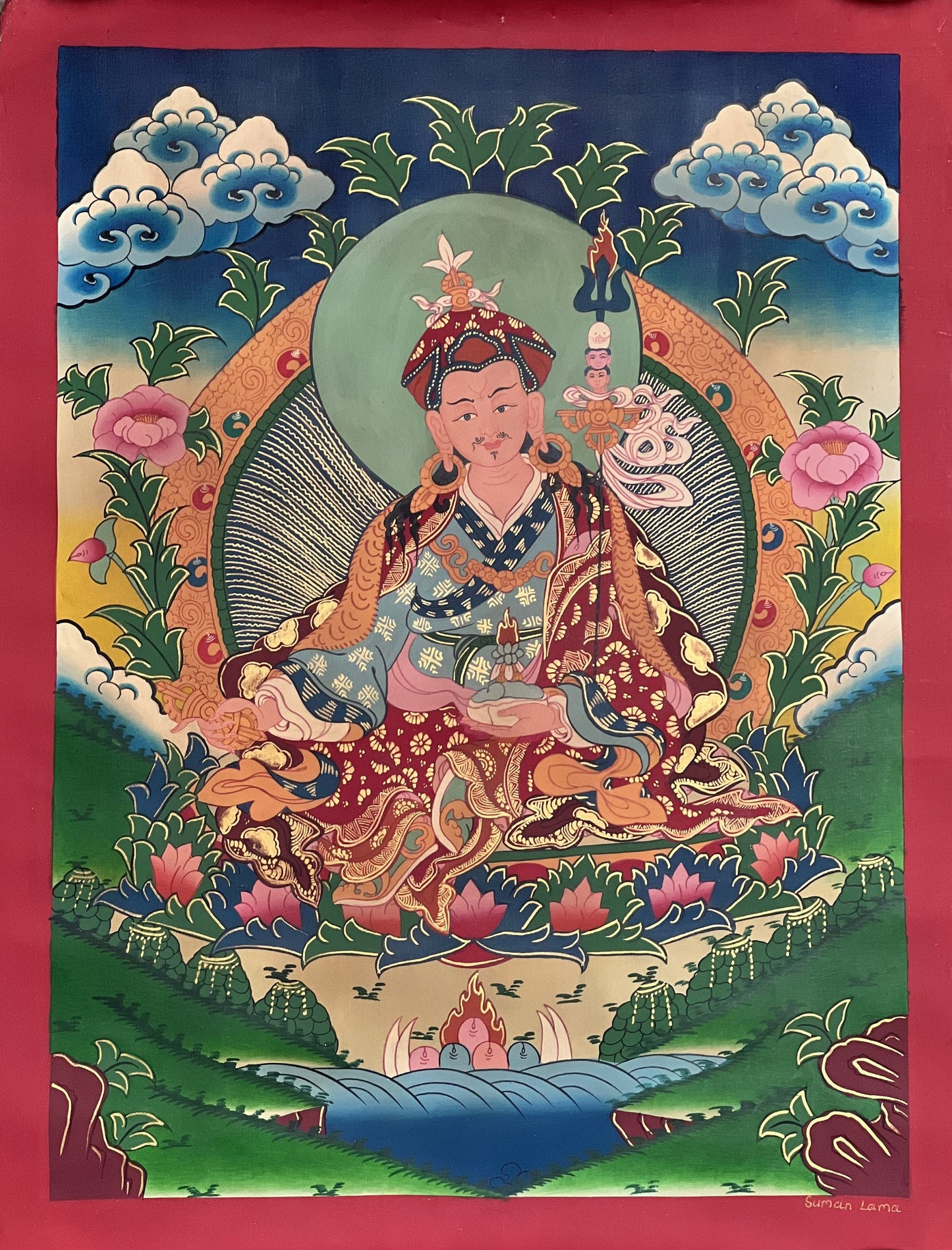 Guru Padmasambhava/ Guru Rinpoche Smoky Tibetan Thangka Painting/ Original Hand Painting/ Buddhist Meditation Art