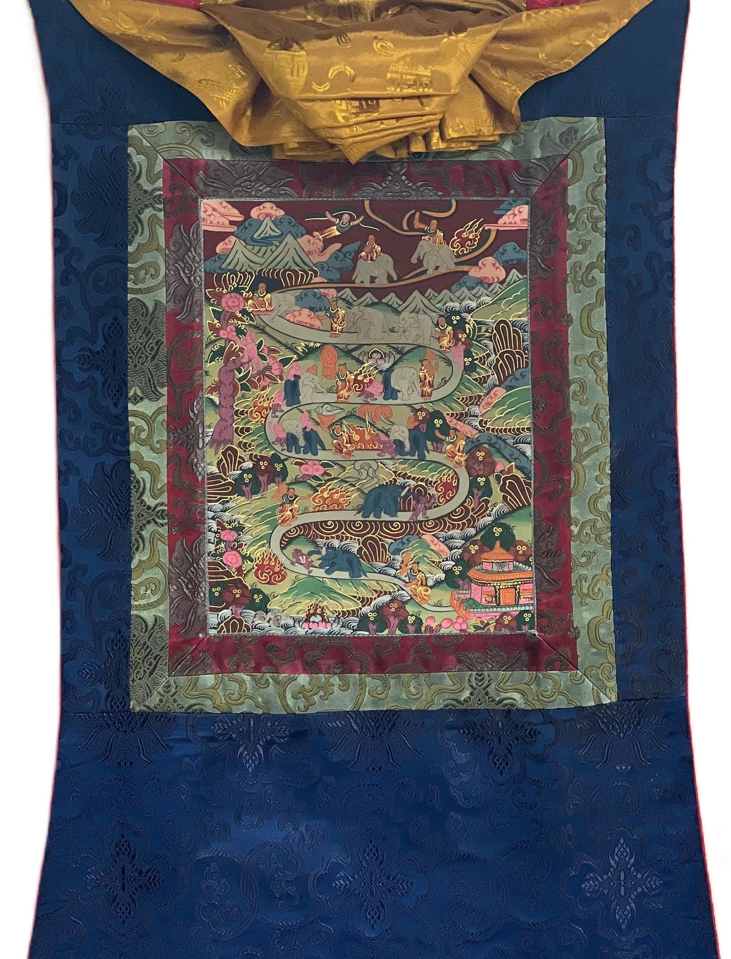 Elephant Path 9 Stages Samatha Meditation Way to Heaven Tibetan Thangka Painting Original Meditation Art/ Wall Hanging with Silk Brocade