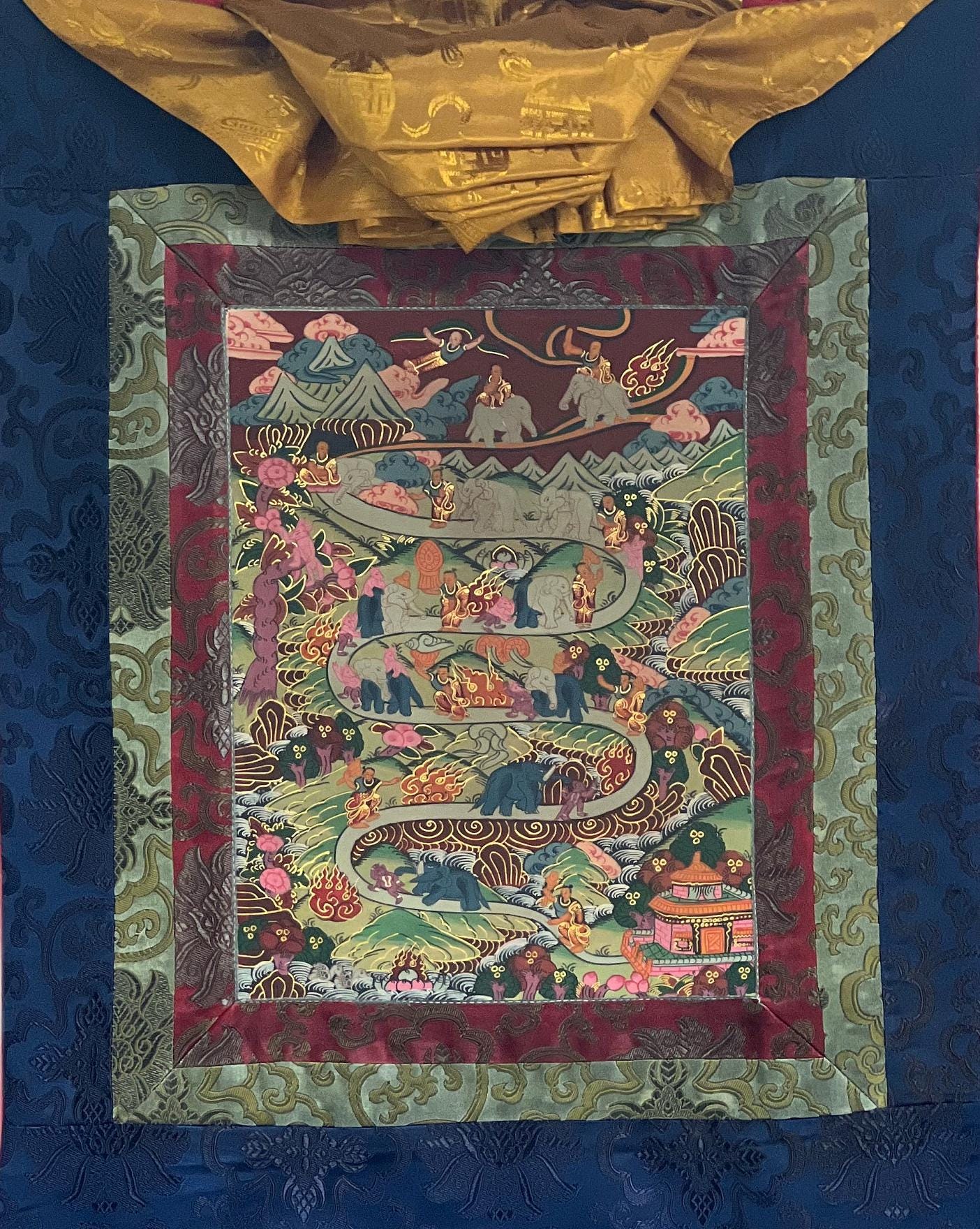 Elephant Path 9 Stages Samatha Meditation Way to Heaven Tibetan Thangka Painting Original Meditation Art/ Wall Hanging with Silk Brocade