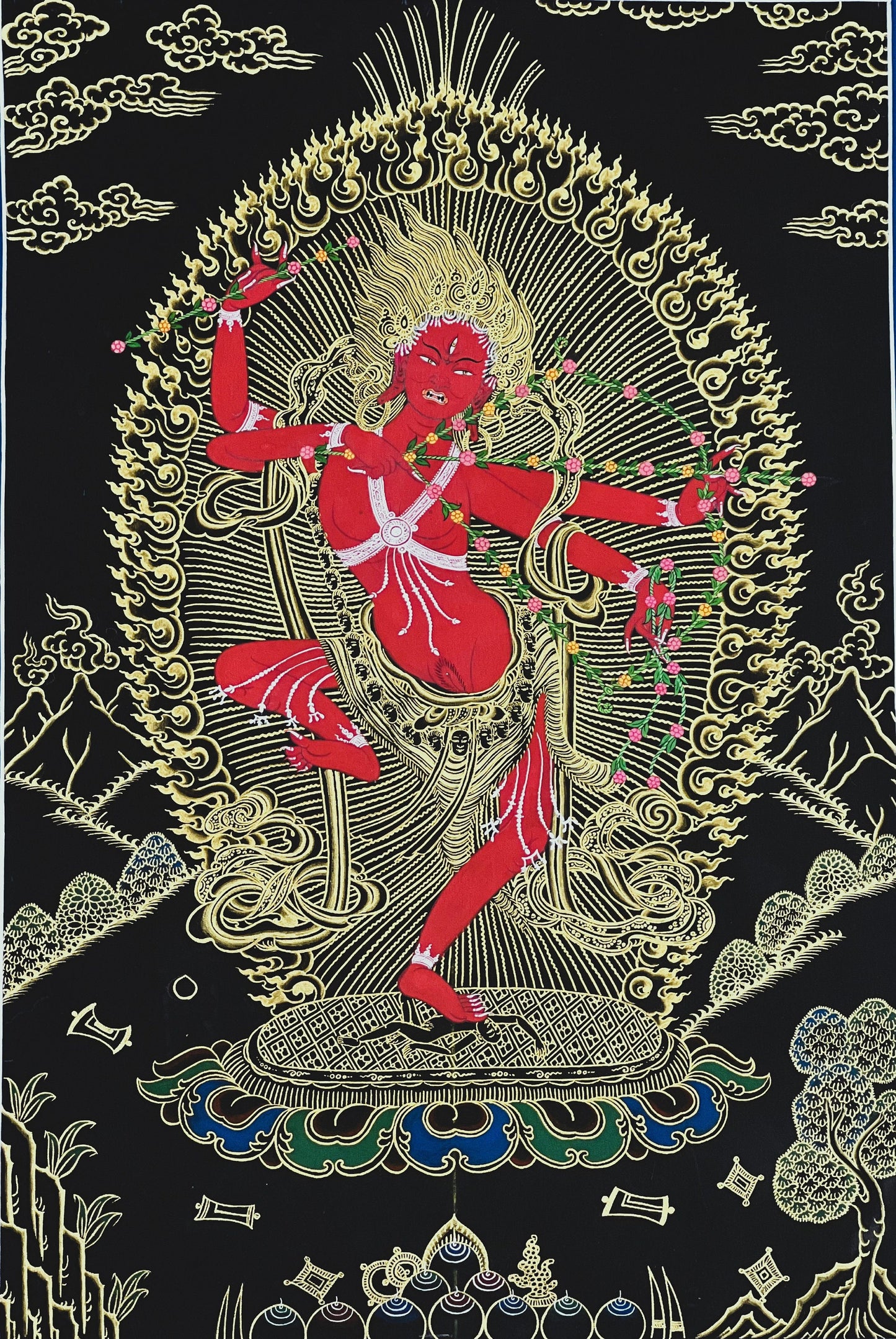 Kurukulla/ Kurukulle/ Mother Buddha High-Quality Masterpiece Black and Gold Tibetan Thangka Painting Original  Meditation Tantra Art