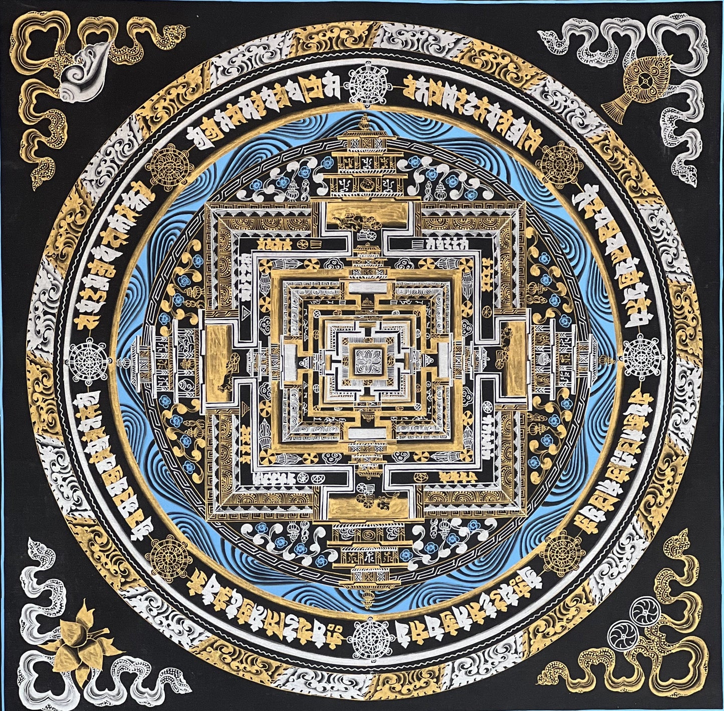 Hand Painted Wheel of Life/ Kalachakra Mandala Master Quality Blue and Gold Original Tibetan Thangka Painting /Wall Hanging