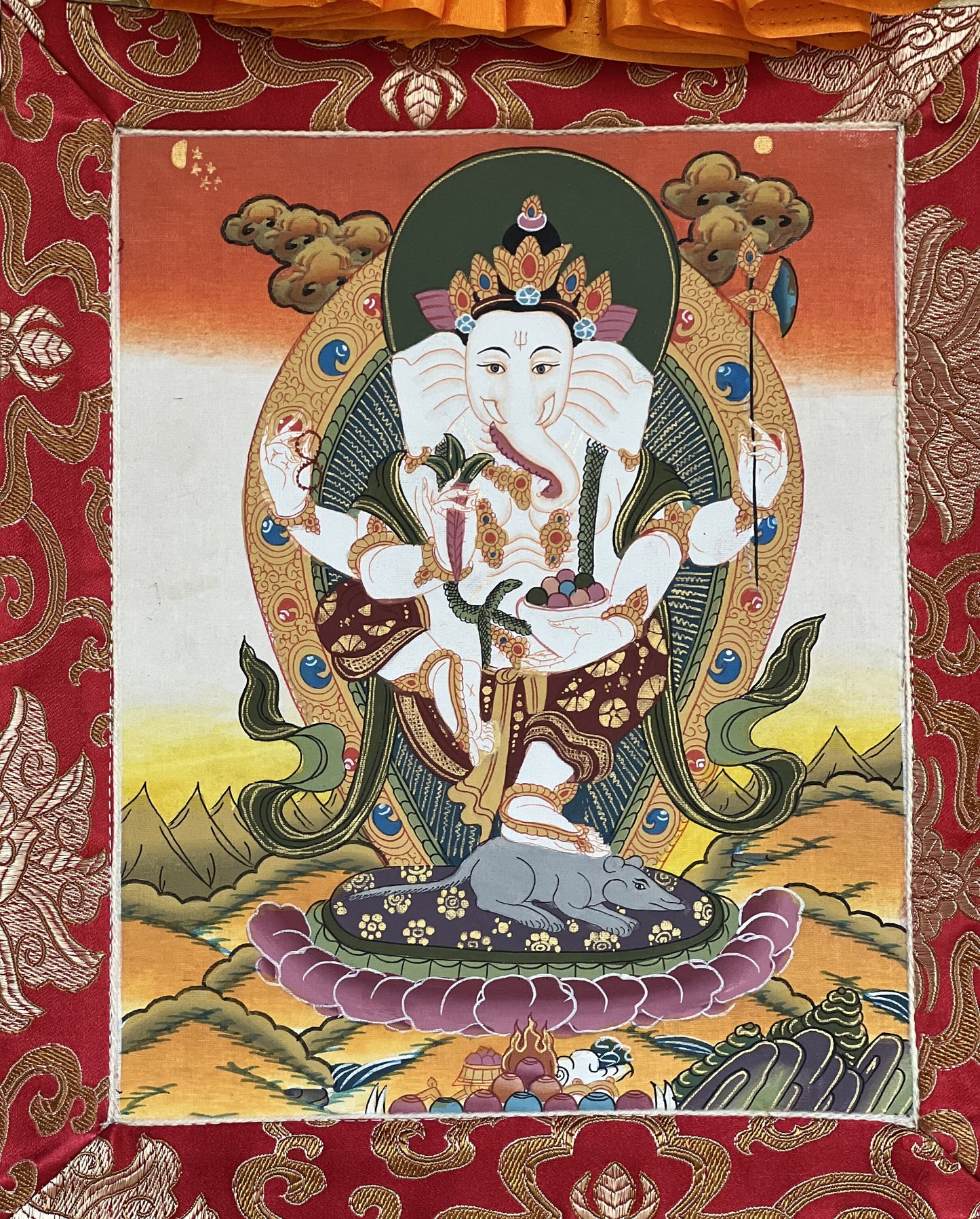 Four Armed Ganesha/ Ganesh/ Ganapati/ Vinayaka Hindu Painting/ Thangka Painting, Original Art  with Silk Frame ( Brocade)