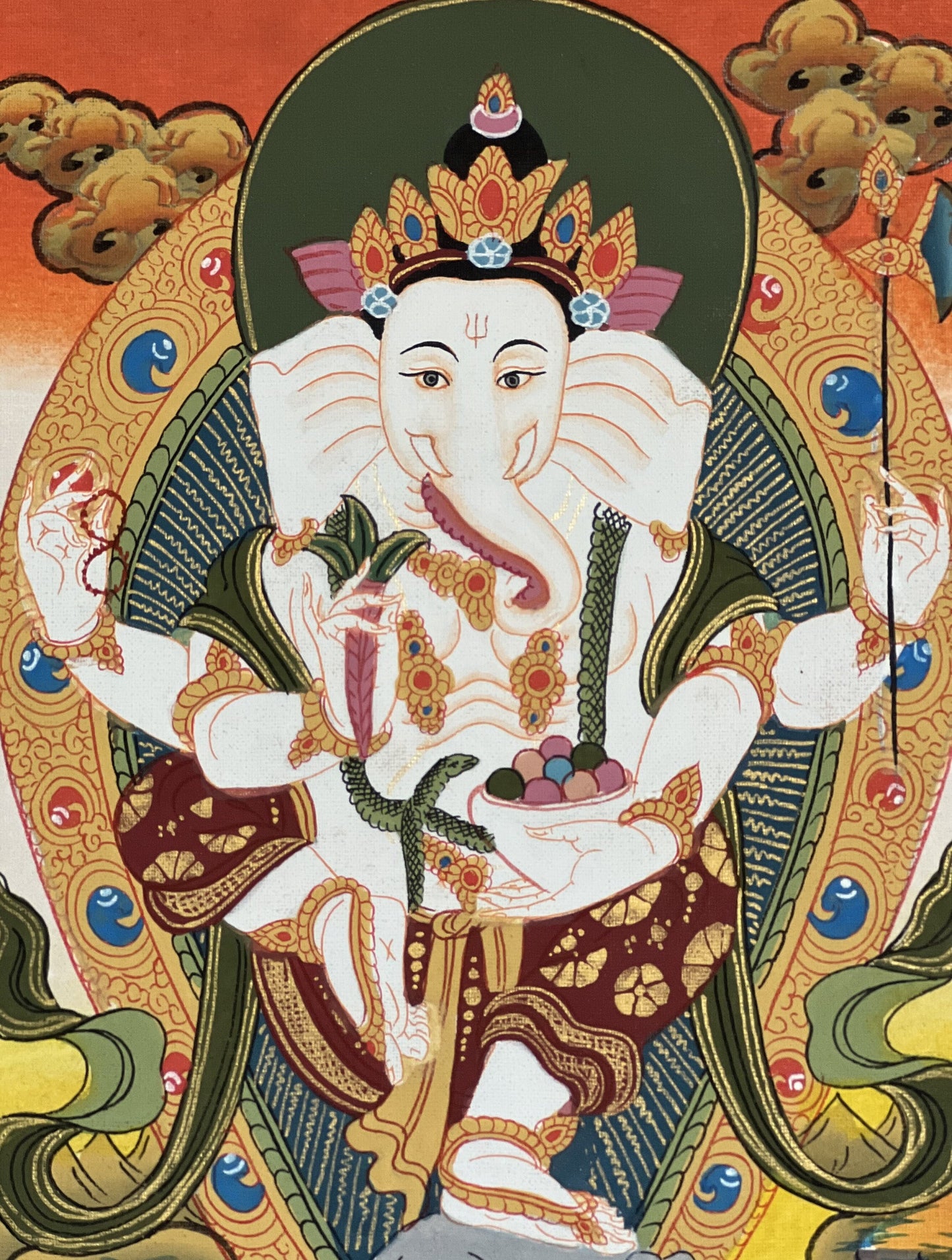 Four Armed Ganesha/ Ganesh/ Ganapati/ Vinayaka Hindu Painting/ Thangka Painting, Original Art  with Silk Frame ( Brocade)