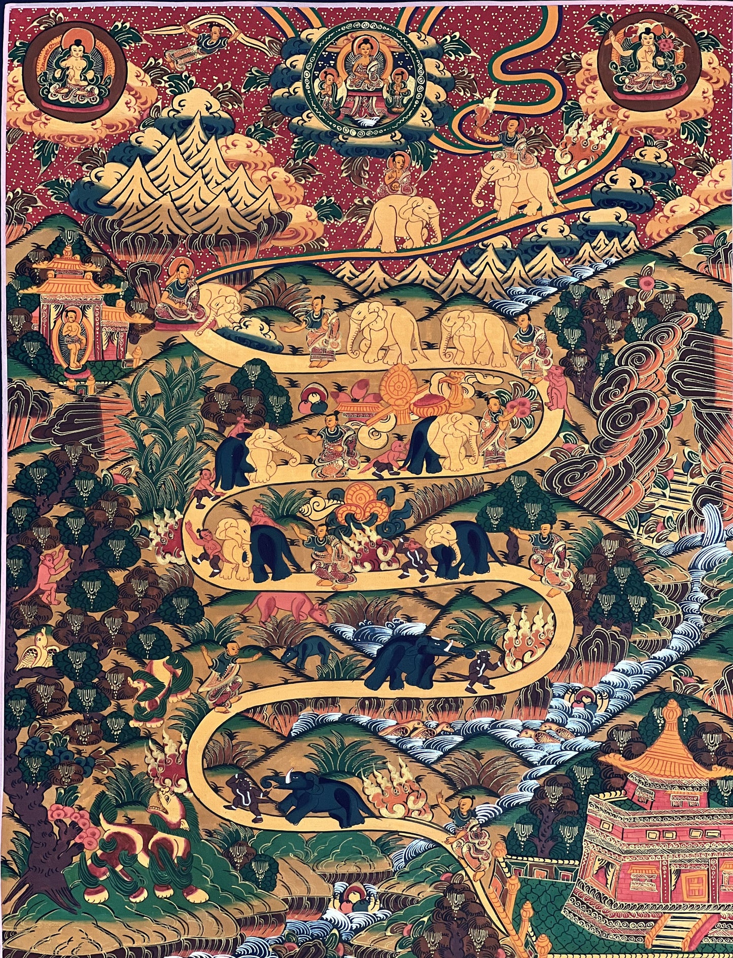 Samatha Meditation Elephant Path Way to Heaven/Nirvana Original Tibetan Thangka Painting Buddhist Meditation Art/ Wall Hanging from Nepal