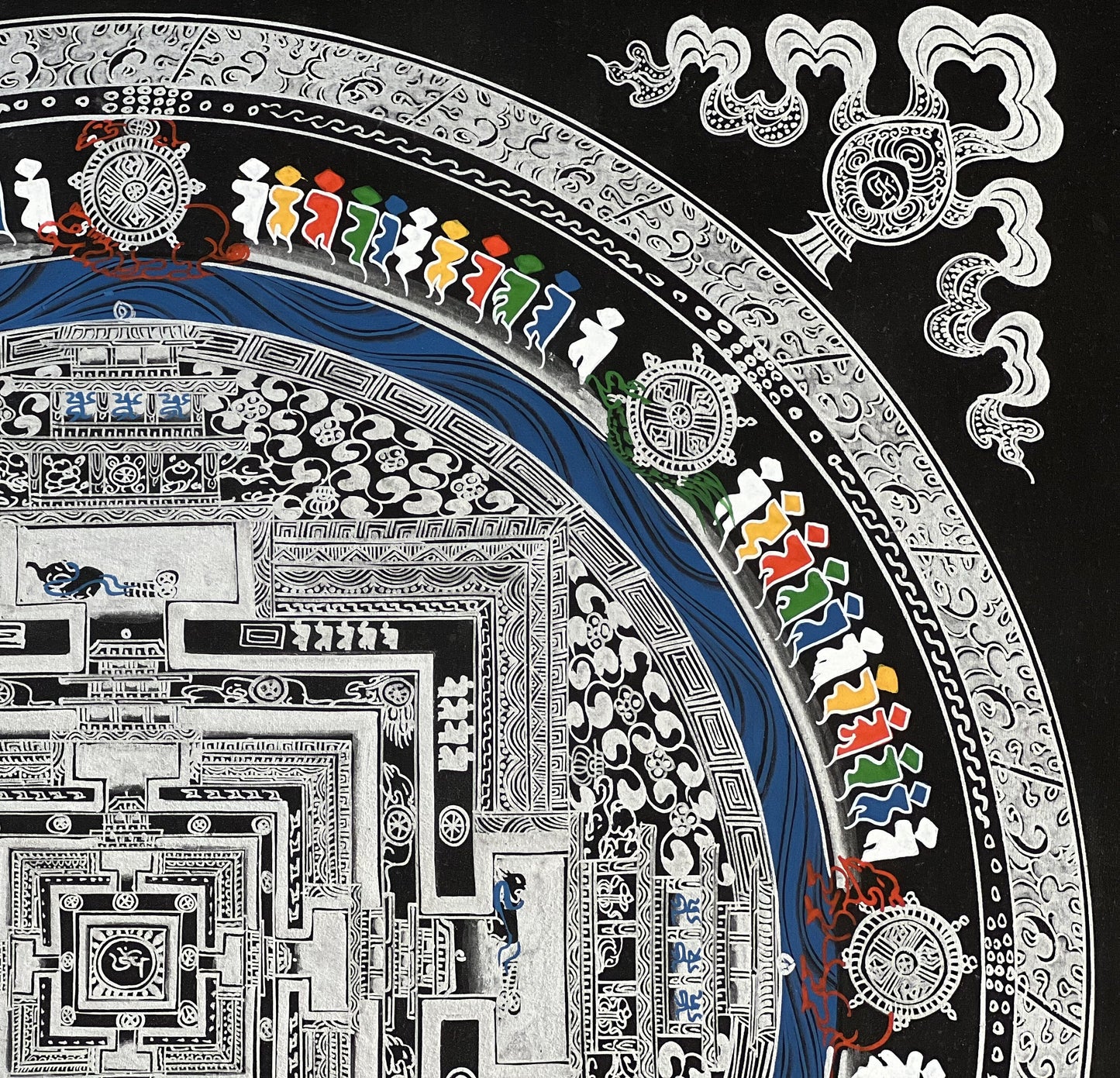 Wheel of Life/ Kalachakra Mandala Original Masterpiece Black and Silver Original Tibetan Thangka Painting /Wall Hanging