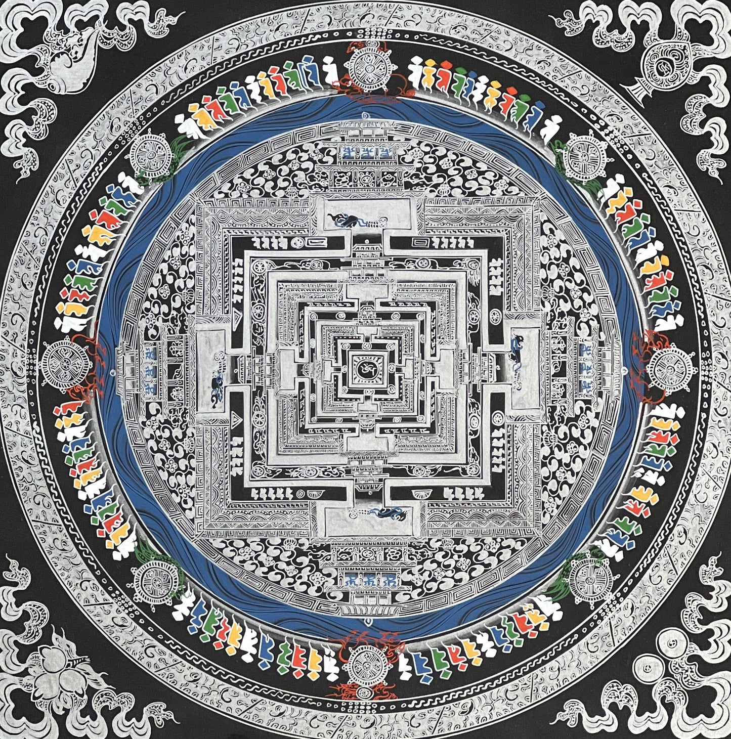 Wheel of Life/ Kalachakra Mandala Original Masterpiece Black and Silver Original Tibetan Thangka Painting /Wall Hanging